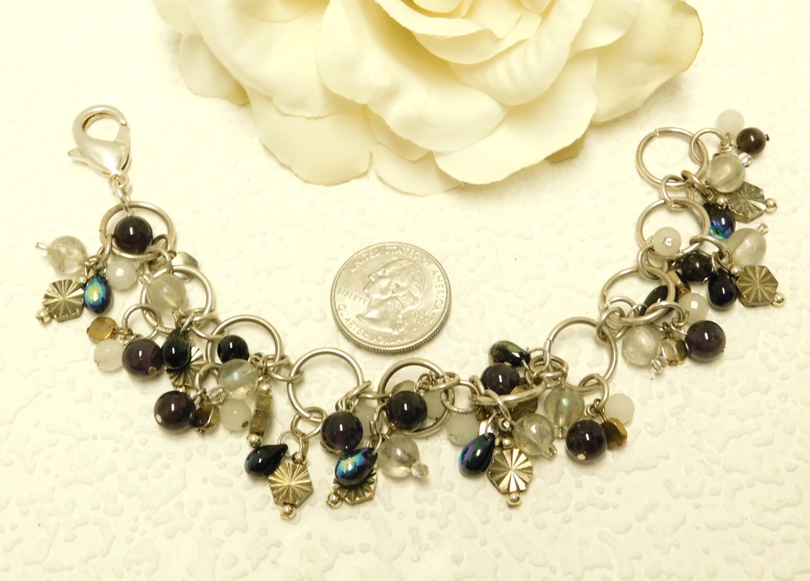 PURPLE & IRIDESCENT PEACOCK BLUE STONE & GLASS CHARM BEAD BRACELET 7.5″