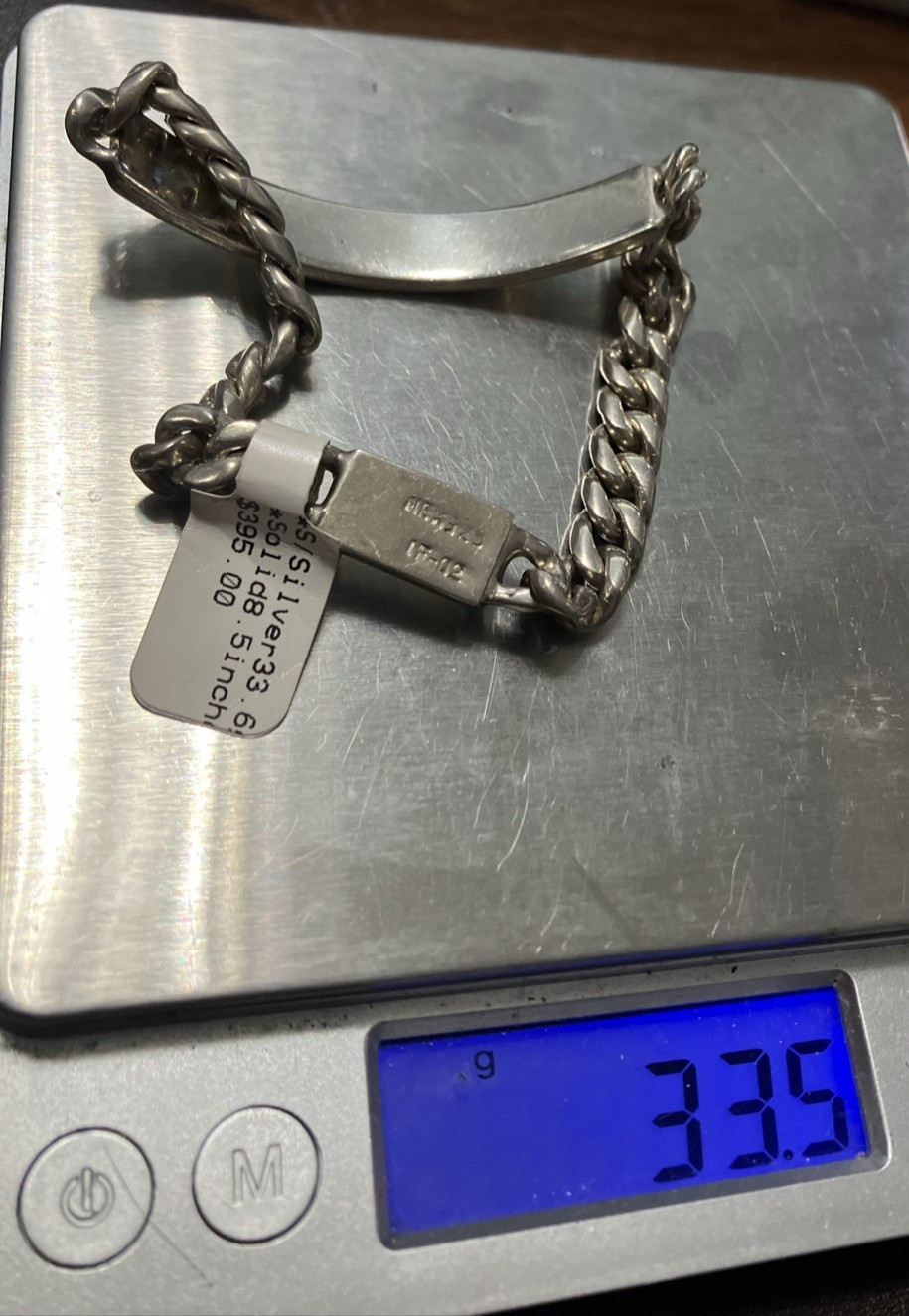 Mexico IF-02 Sterling Silver 925 Cuban ID Bracelet Solid 33 Grams 8.5 Inches