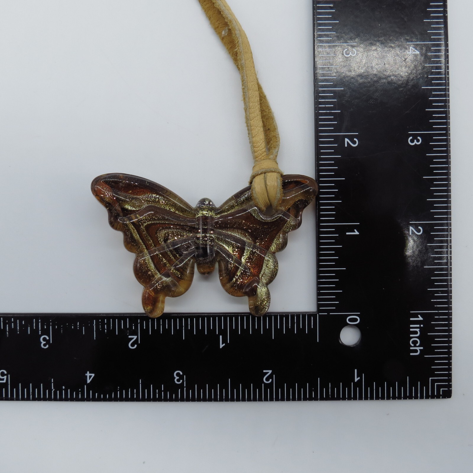 Art Glass Butterfly Pendant Necklace Brown Yellow Gold Foiled Glass 22″