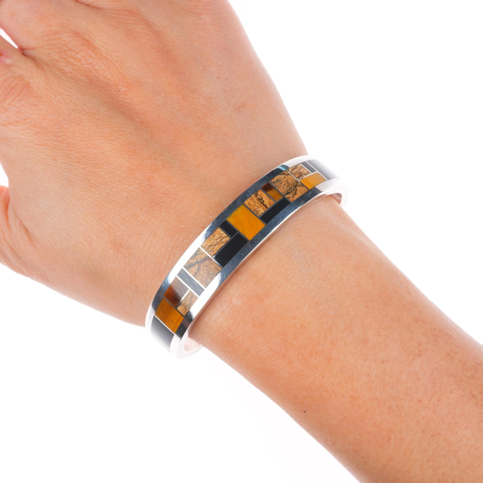 6.25″ Donald Douglas Navajo sterling silver black jade, tigers eye cuff bracelet