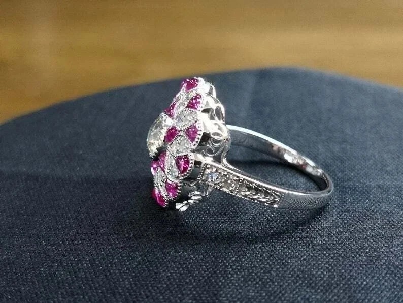 Floral Art Deco Style Round Lab Created Diamond14K White Gold FN Engagement Ring