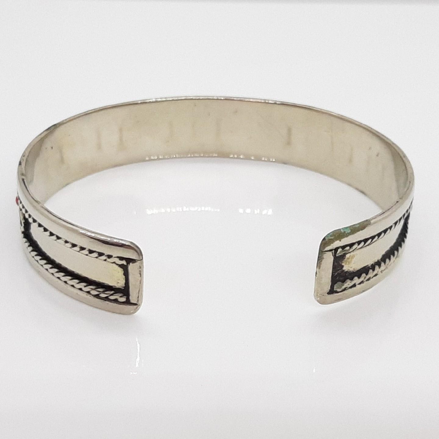 Antique 2.11ctw Turquoise & Coral Silver Bangle Bracelet 21.4g