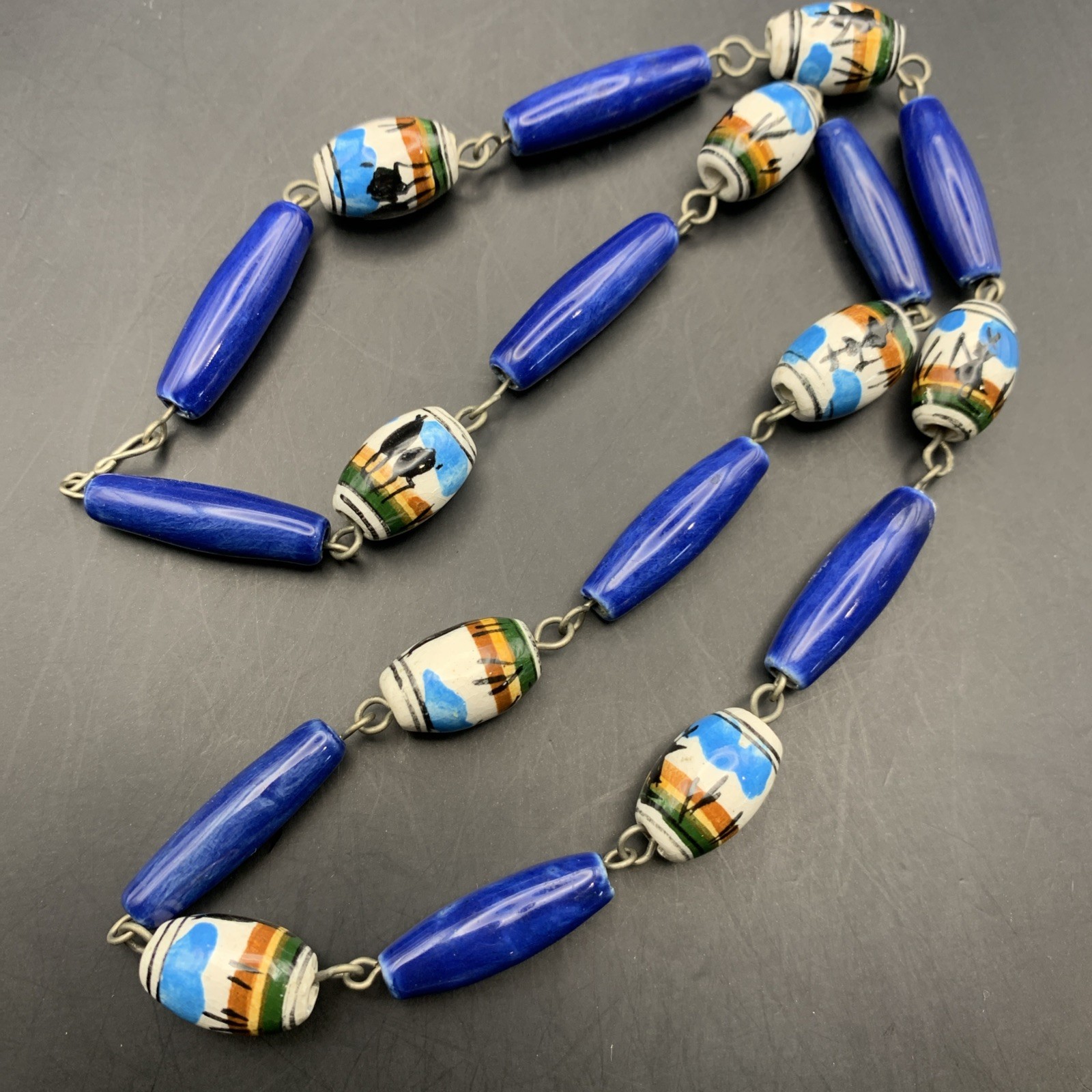 Ceramic Hand Painted Necklace Folk Art Ethnic Peruvian ? Blue Beaded Vintage
