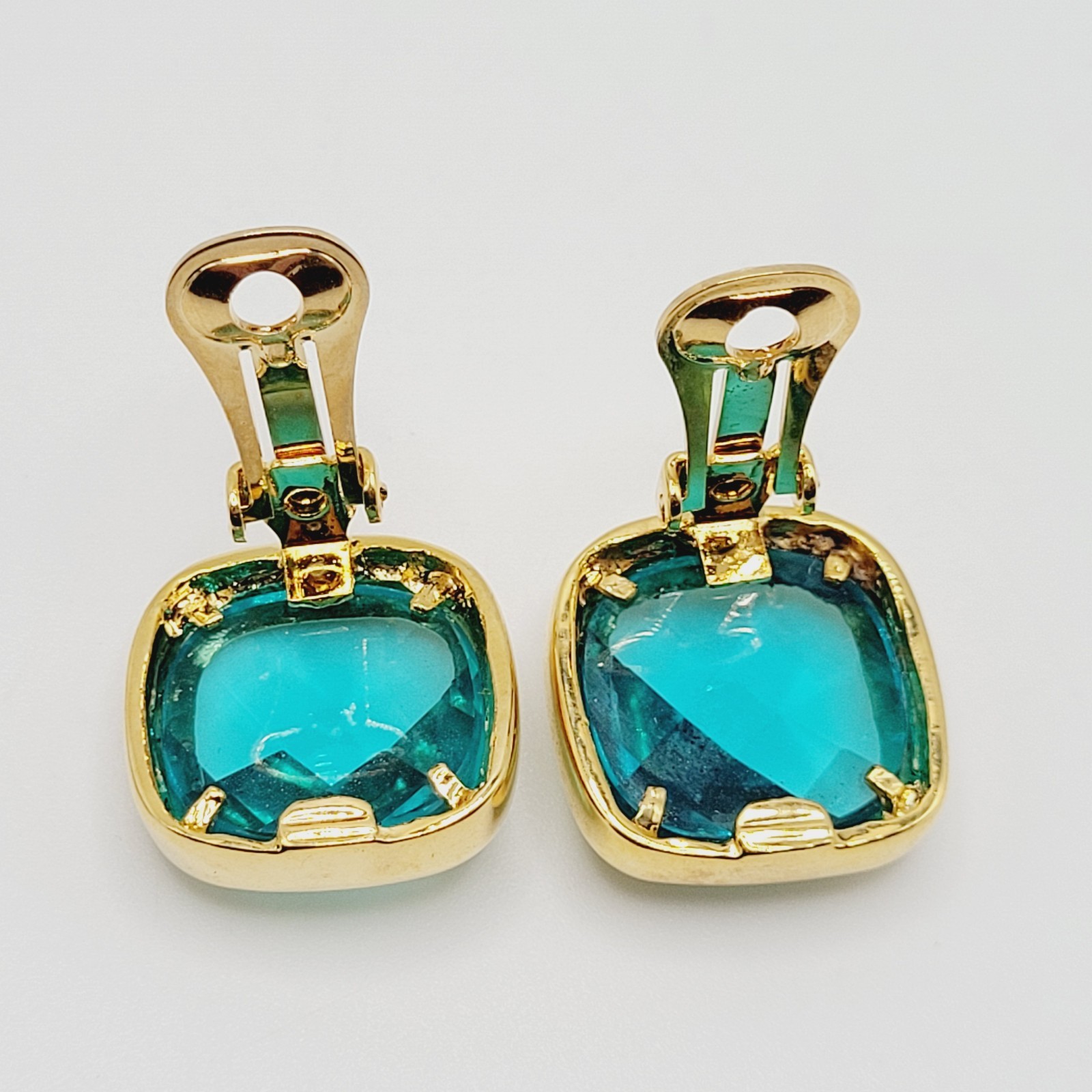 Aqua Light Blue Green Faceted Glass Soft Square Gold Tone Bezel Clip On Earrings