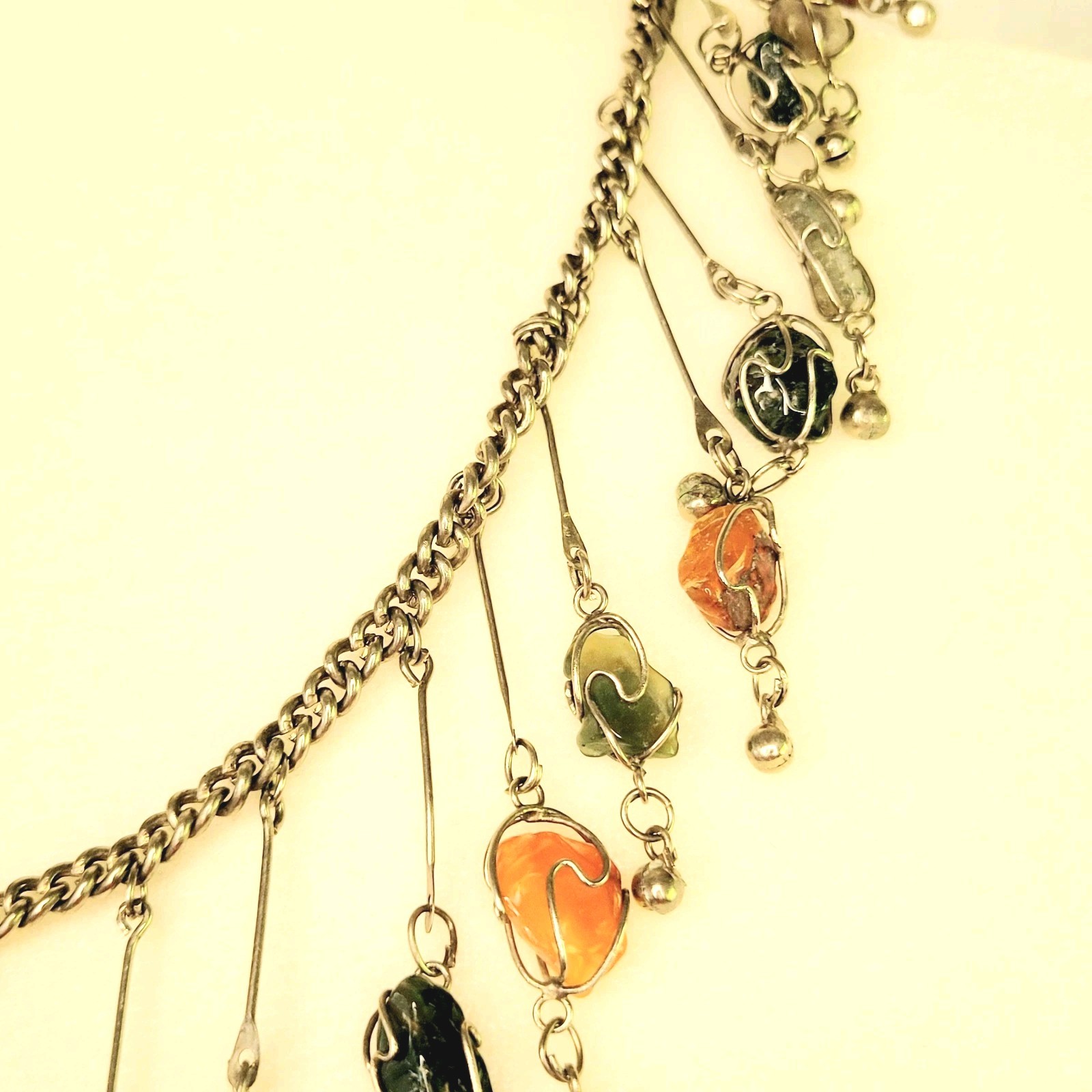 Vtg Wire Wrapped Caged Gemstone Agate Necklace Bib Dangle 21″ 1970s Boho Silver