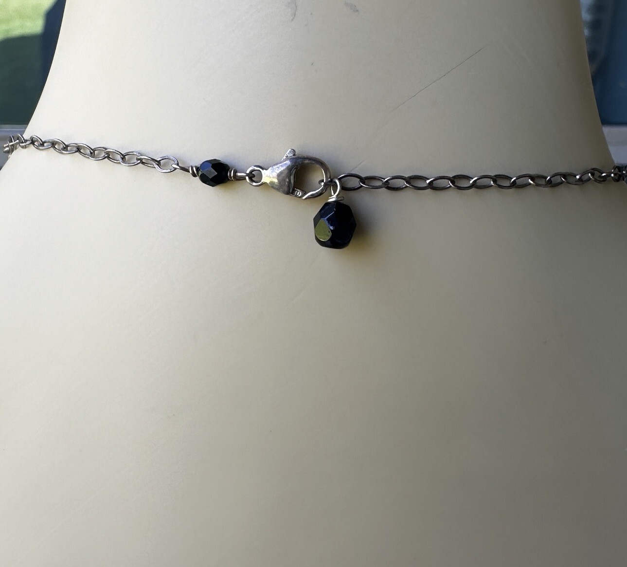 VTG Beaded Necklace 22 Inch Polished Glass Oval Black Faceted 925 Sterling