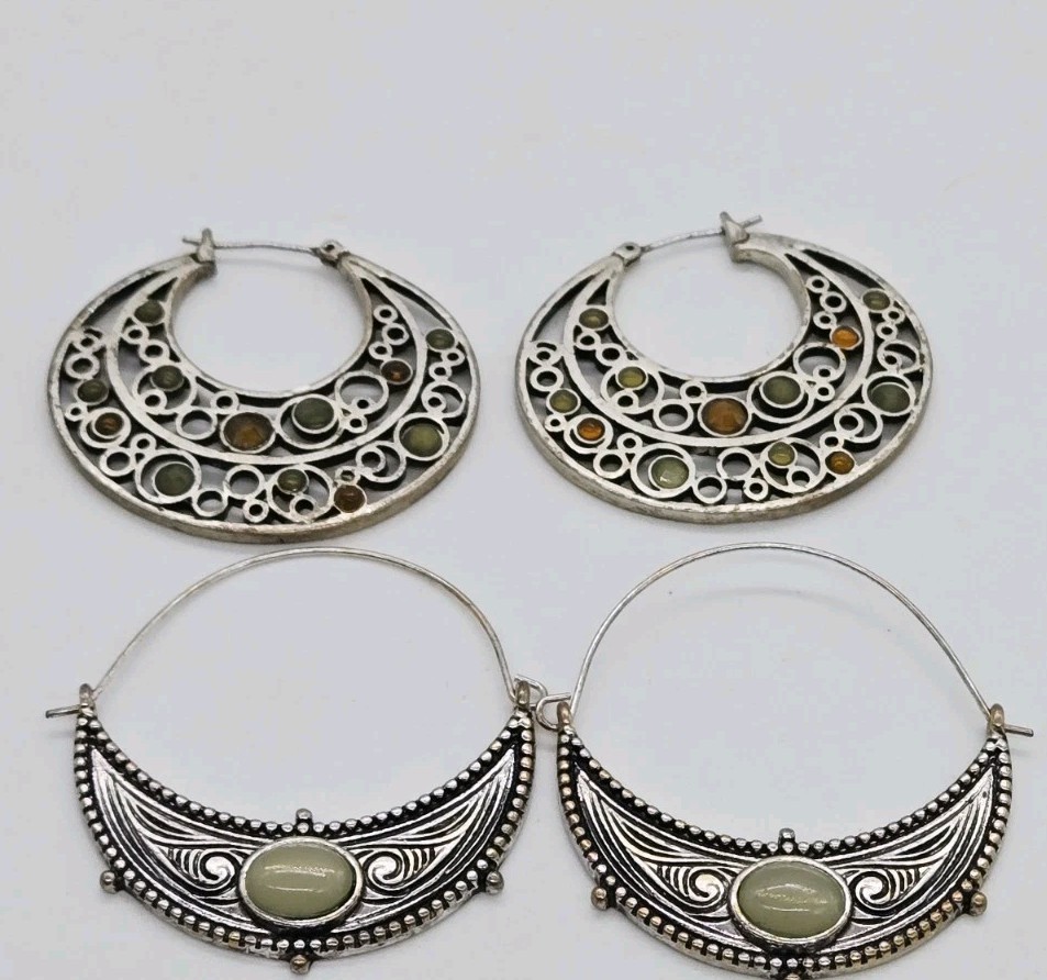 Crescent Hoop Earrings Lot 2 Pair Silver tone Pierced Bohemian Cellular 1.5 in