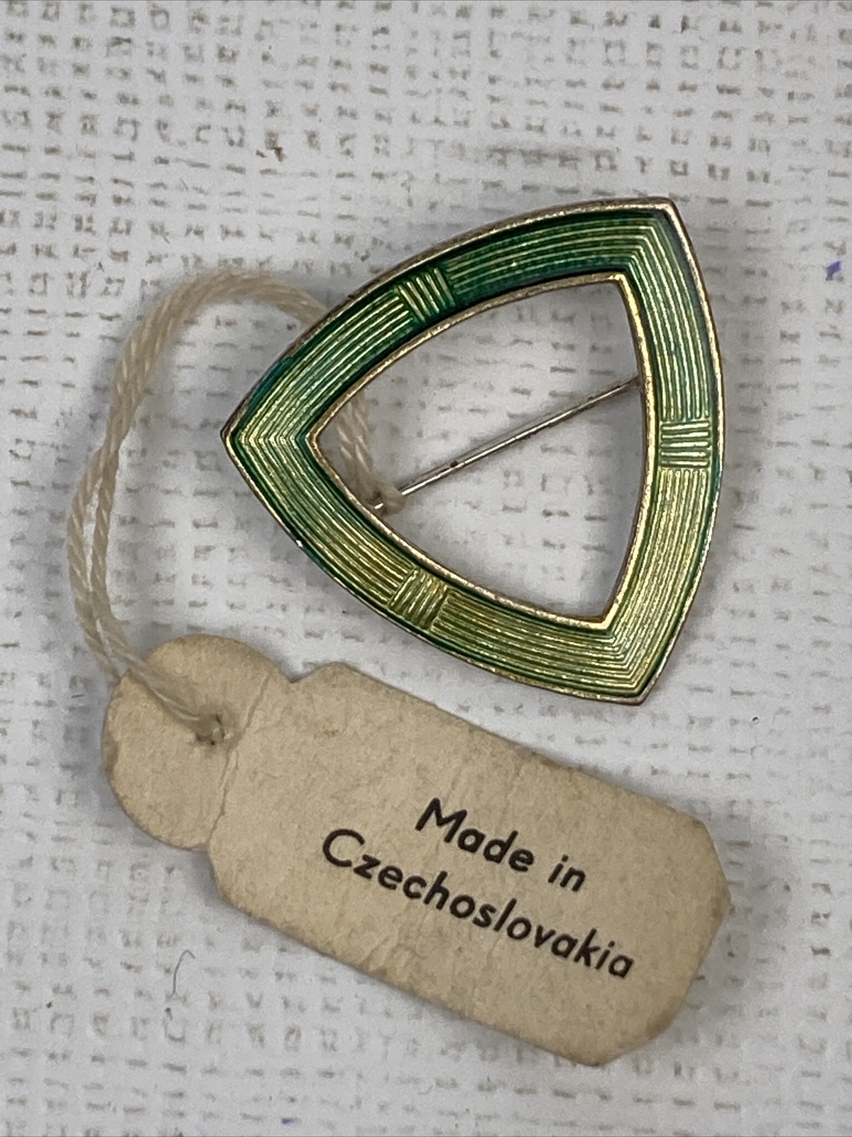 Vintage Pin Czechoslovakia Green Enamel Curved Triangle Unknown Metal Material