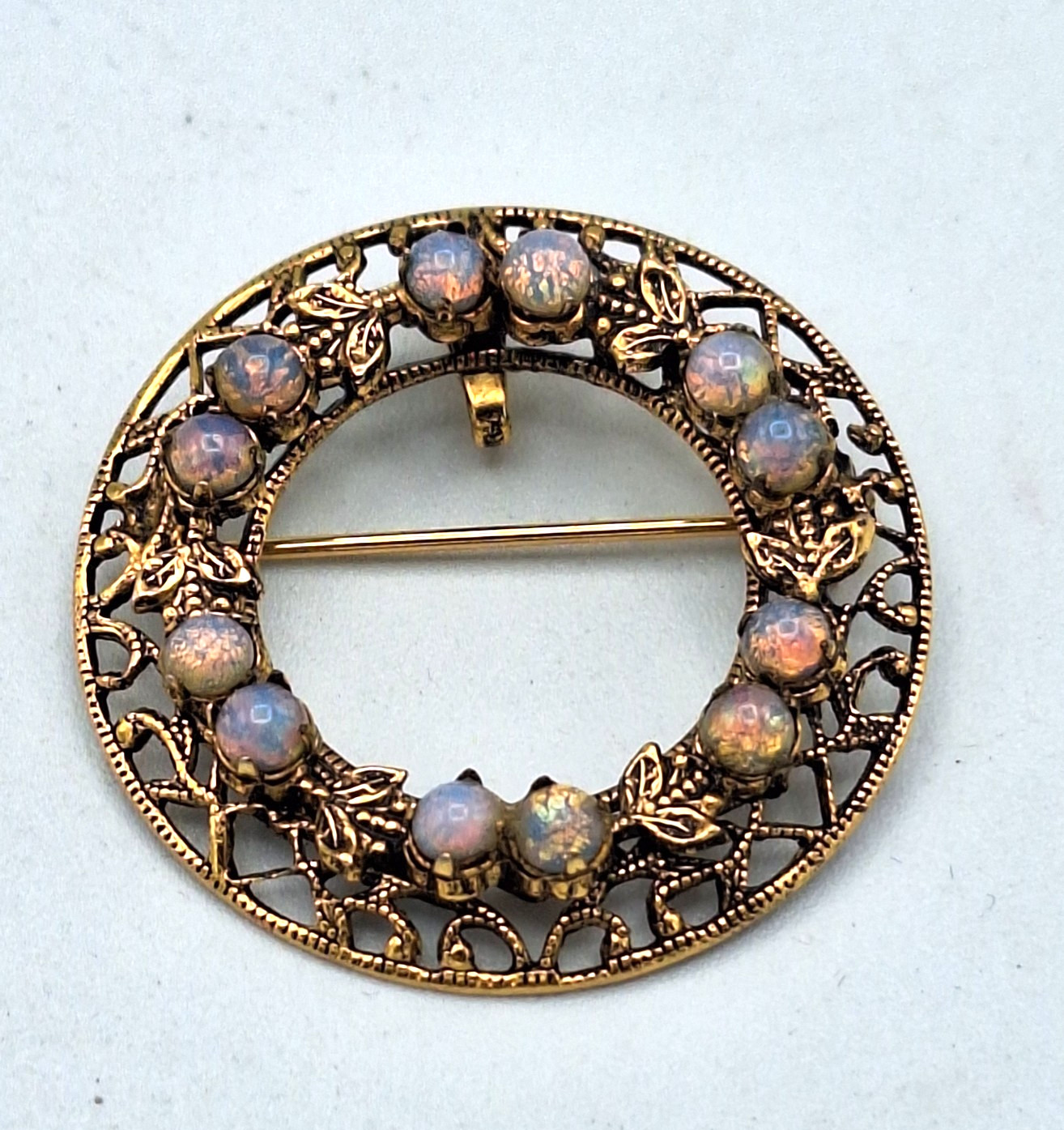 Vintage Faux Opal Filigree Wreath Brooch Pin with Pendant Bail, Gold Tone, 1.25″