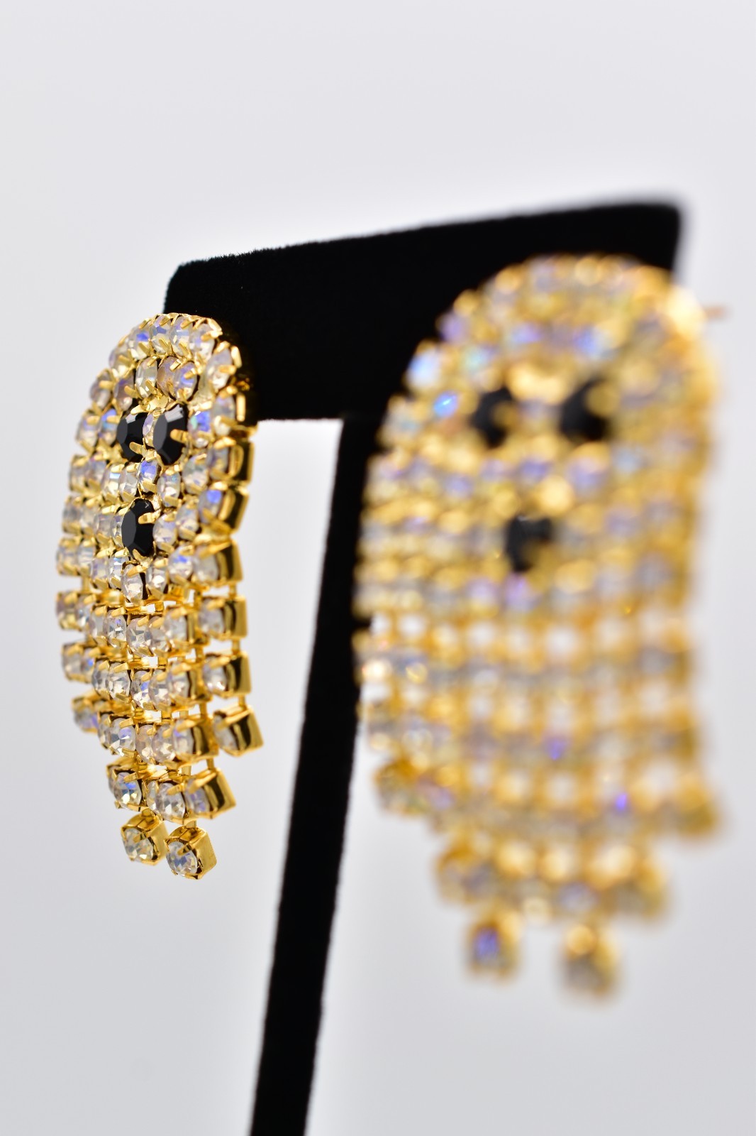 Vintage Rhinestone Crystal Ghost Earrings AB Dangle Chandelier Halloween BinAO