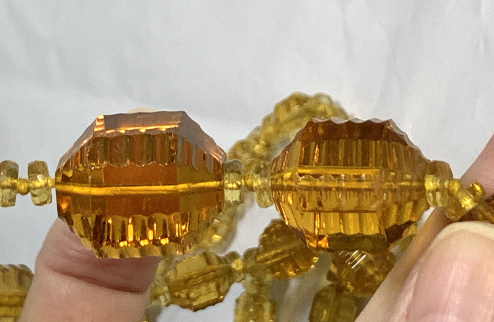Vintage STUNNING Amber Czech Glass Lozenge Hand Knotted Beaded Necklace 36″ !