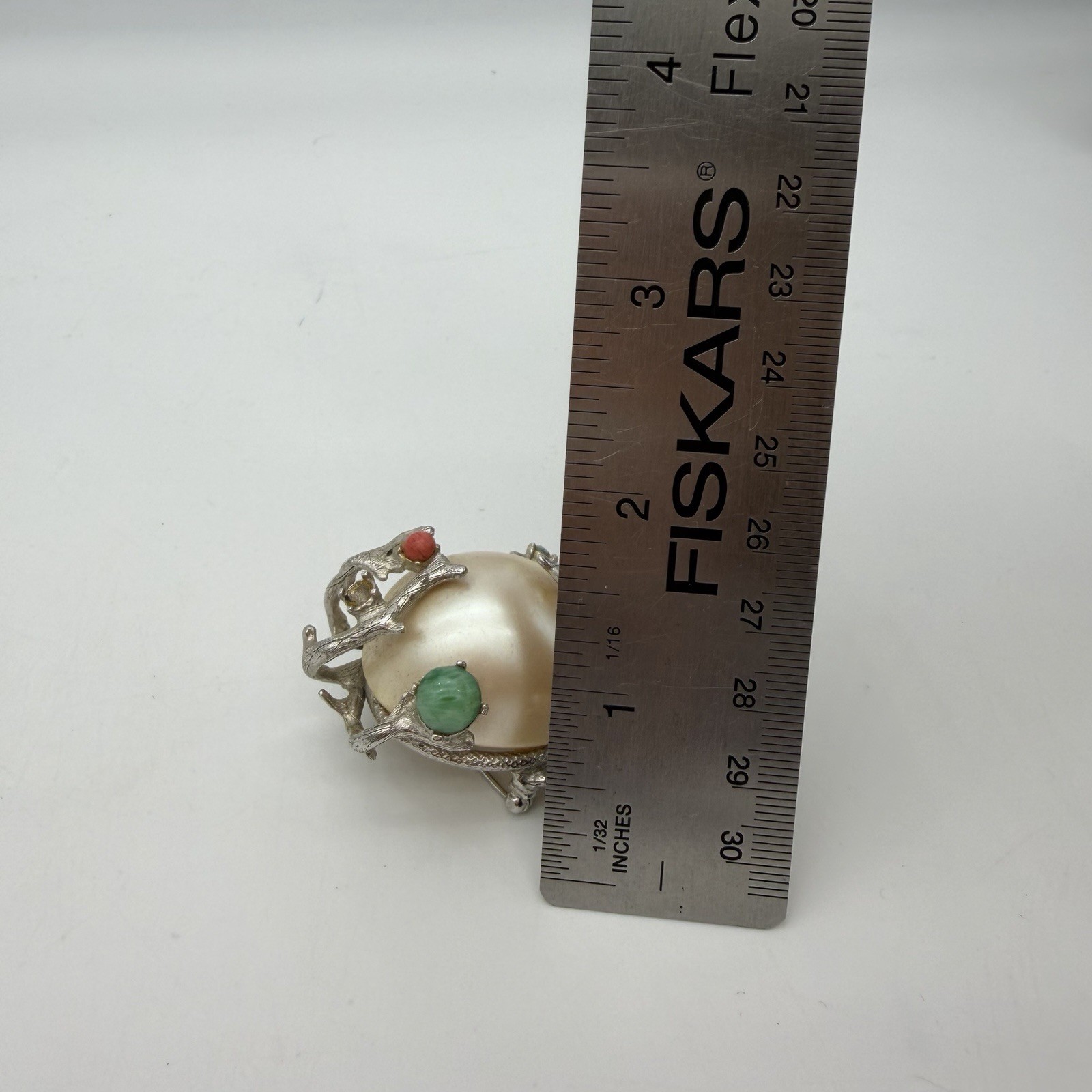 Vtg Huge Faux Pearl Pin Brooch Green Coral Cabochon Branches Rare Estate Read