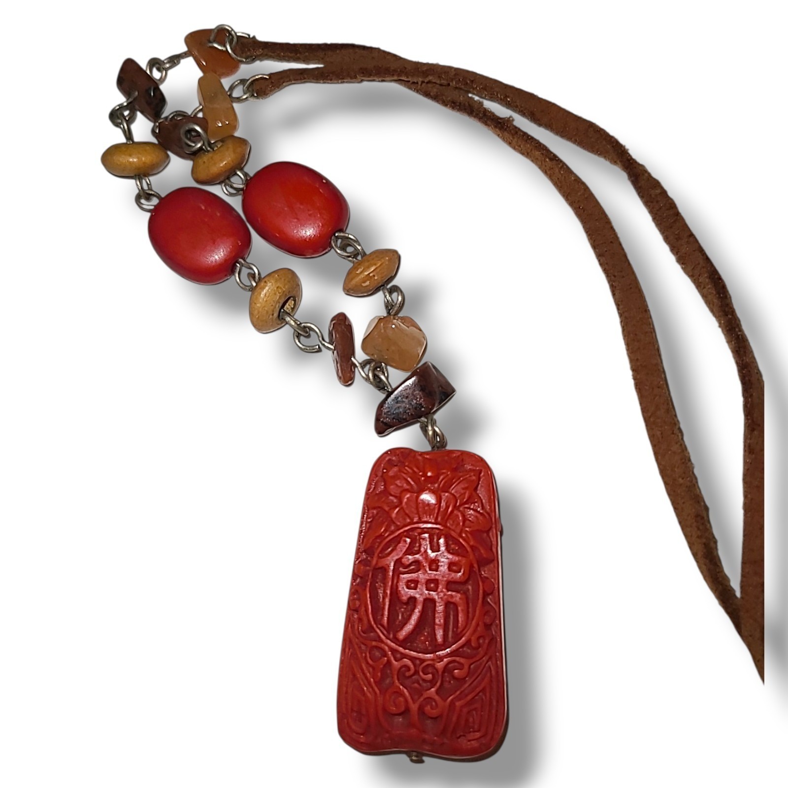 Vintage Boho Red Carved Stone Pendant Necklace Brown Leather Cord Ethnic Tribal