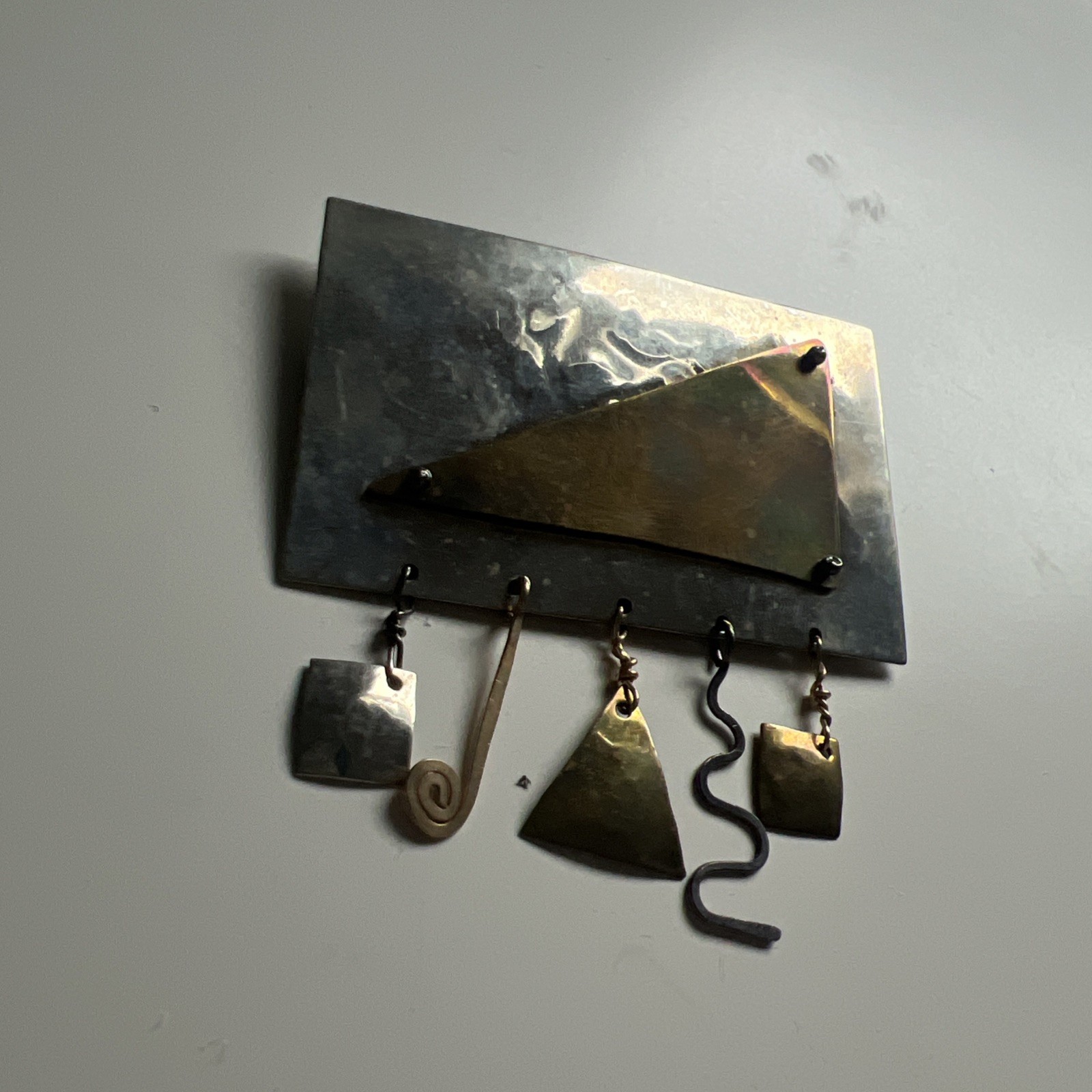Vintage Signed AH Brooch Pin Jewelry Modernist Silver Gold Metal Charms Dangle