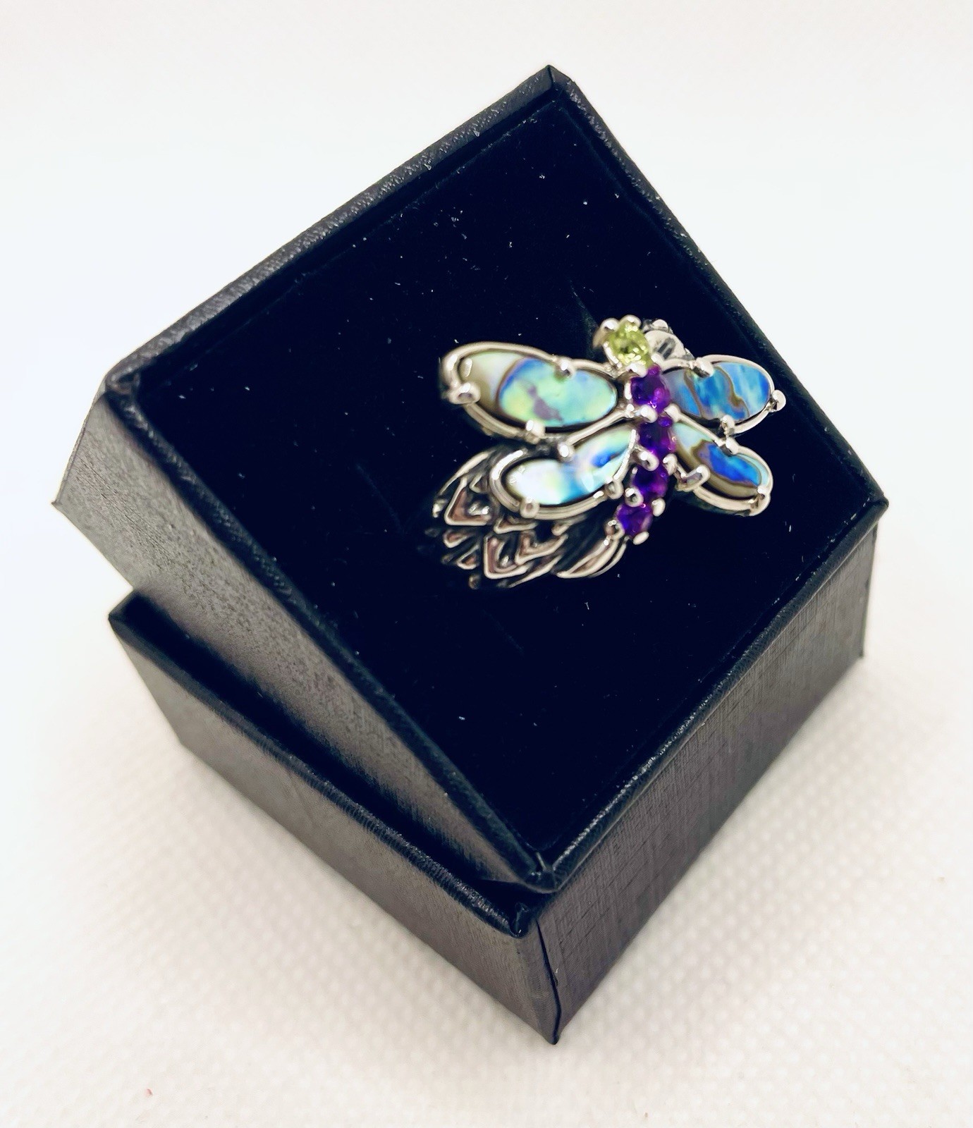Carolyn Pollack Dragonfly Sterling Silver Abalone Amethyst Peridot Ring Sz 7