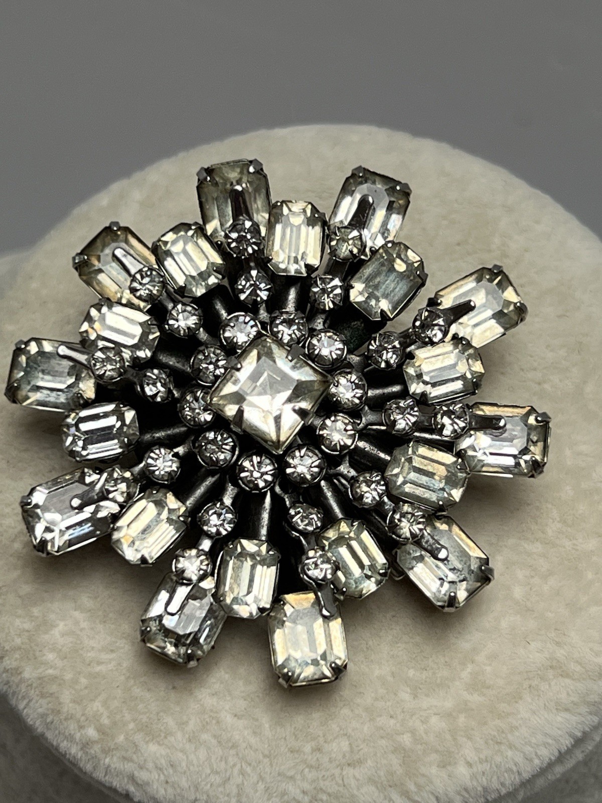 Vintage Clear Emerald Cut Rhinestone Brooch Silver Tone 2”