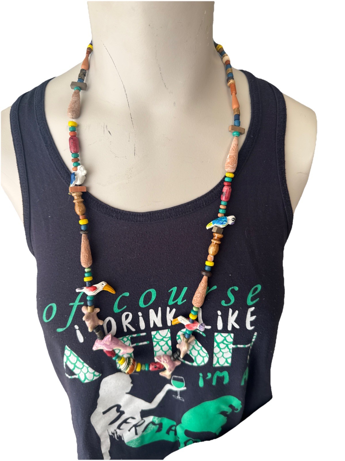 Vintage Fetish Tropical Parrots, Dolphins, Turtles Necklace Boho Unique