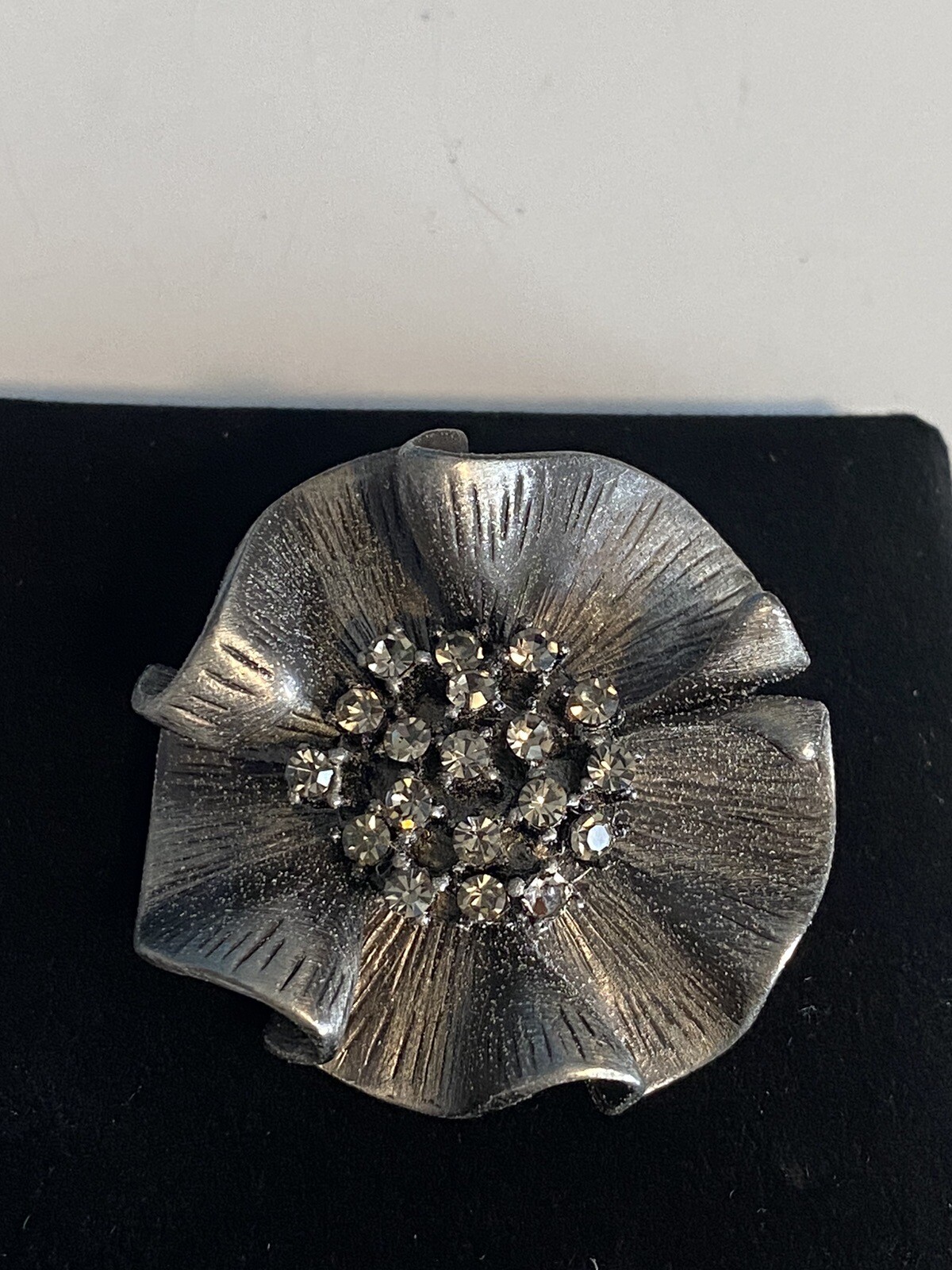 Flower Brooch Pewter Smoked Rhinestone Center 1.75” Wide Textured or Pendant