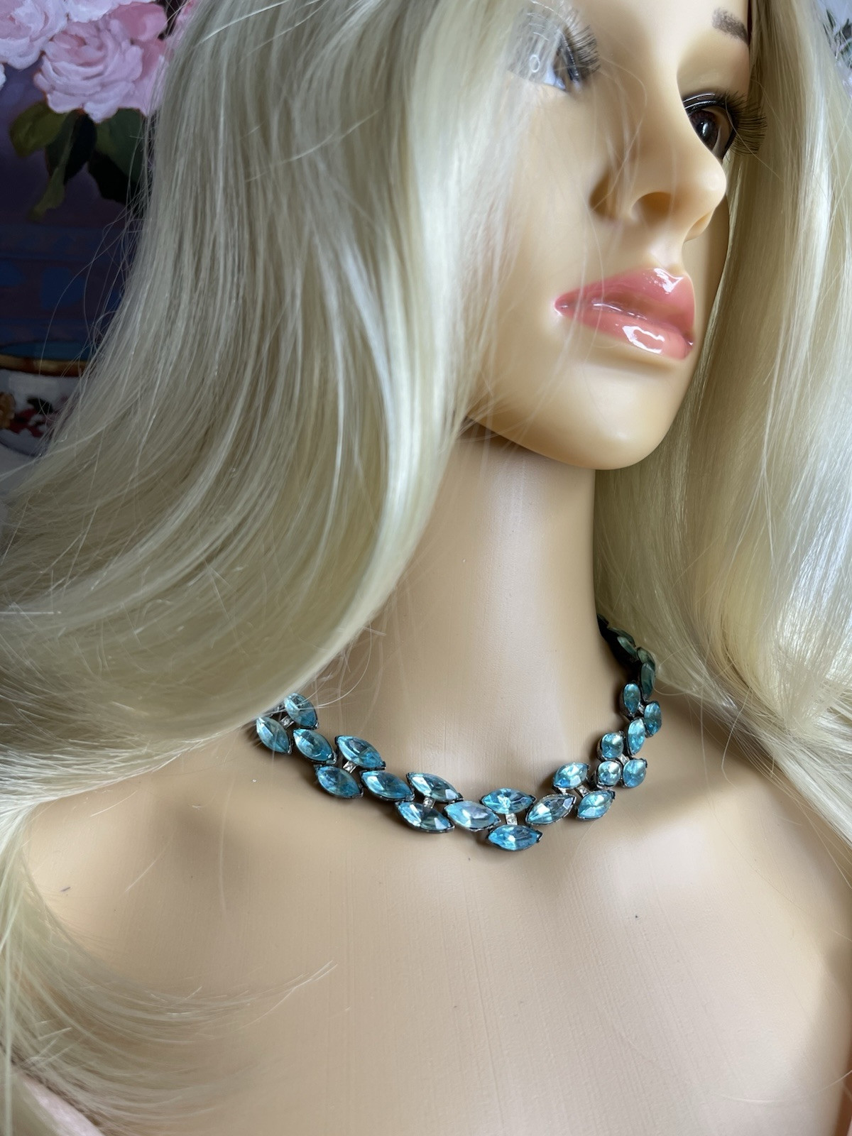 Vintage Aqua Rhinestone Pot Metal Rivière Necklace Not Signed
