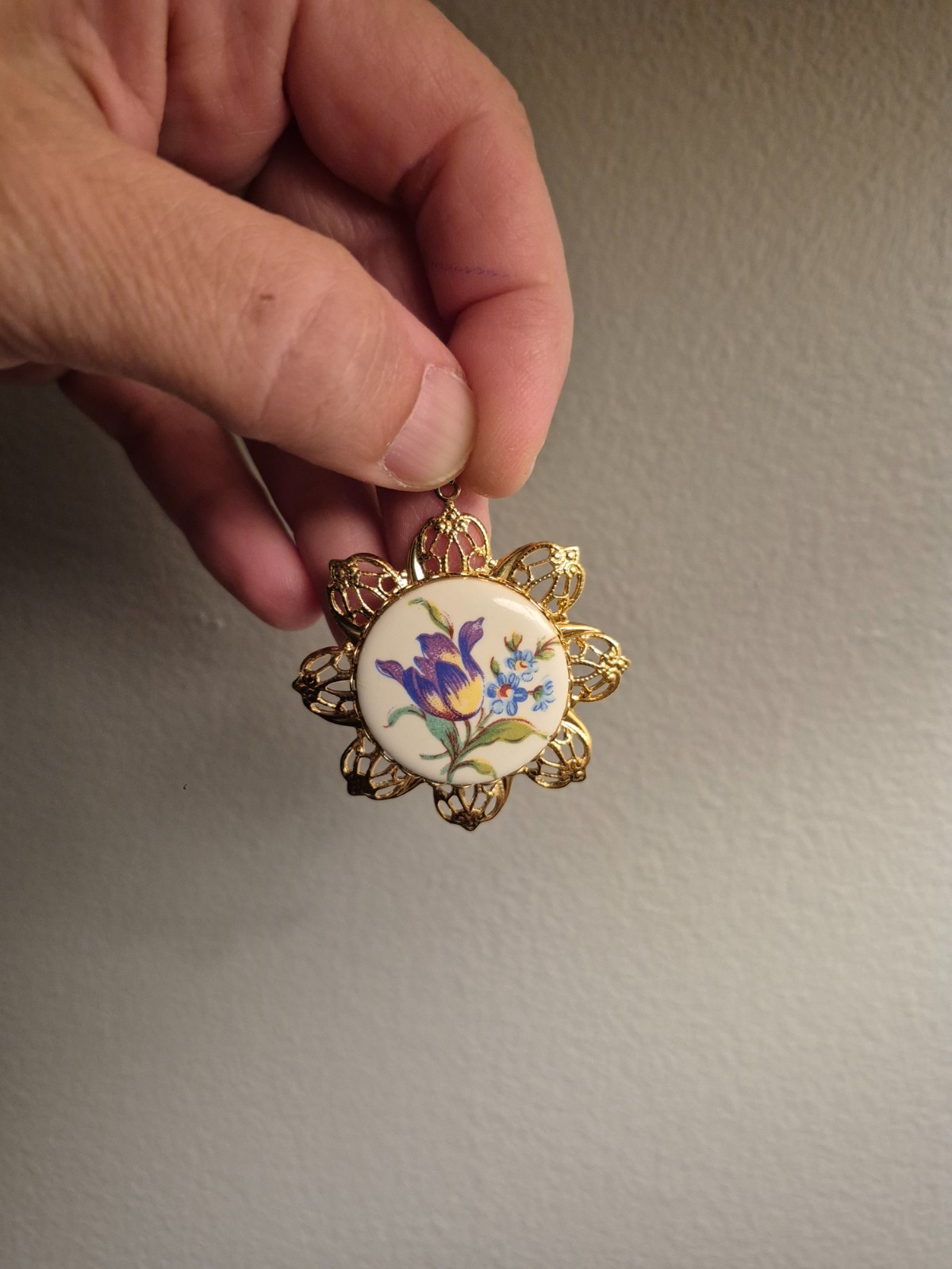Vintage floral pendant, purple and blue flowers