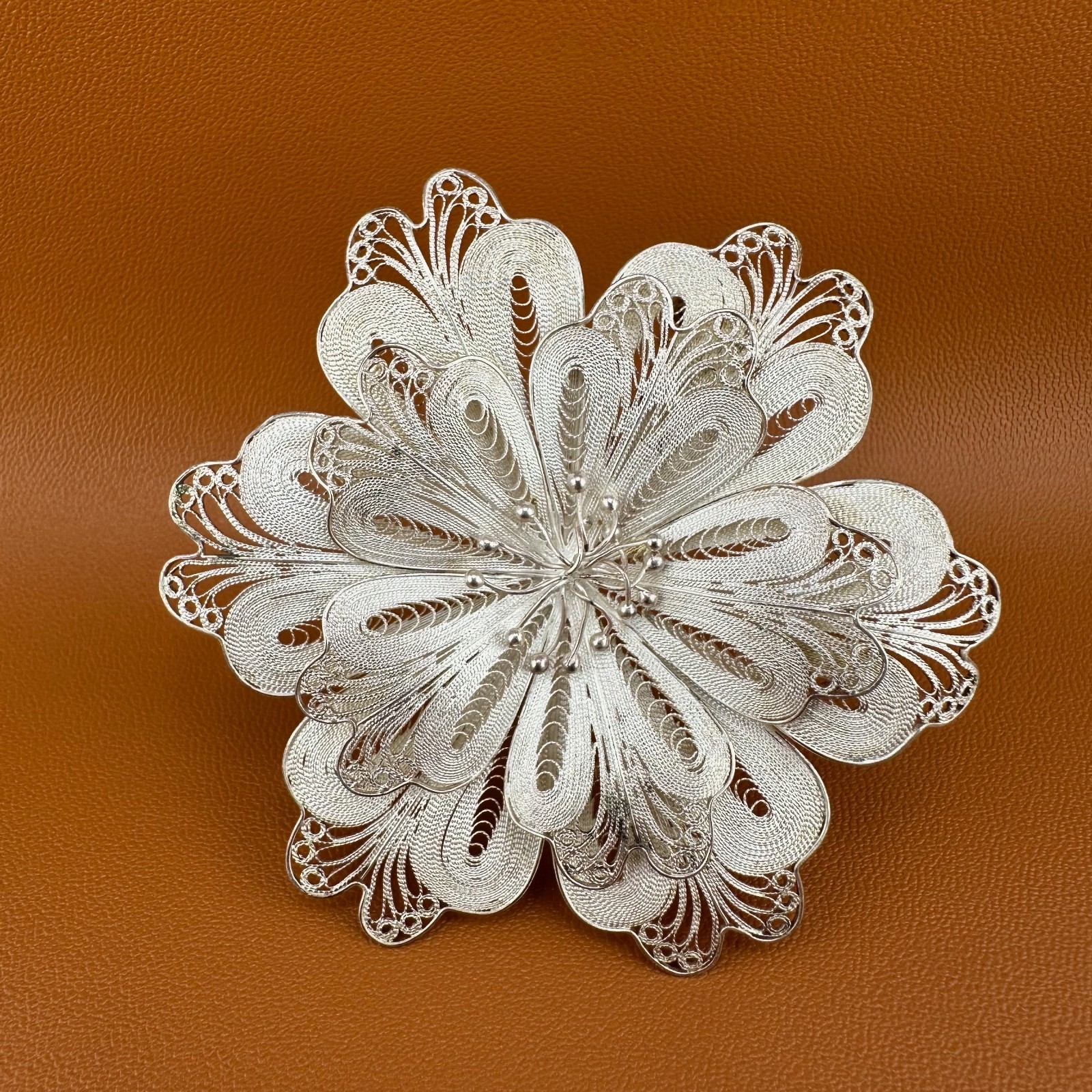 Vintage Sterling Silver Flower Brooch Pin Cannetille Filigree Floral 925 Signed