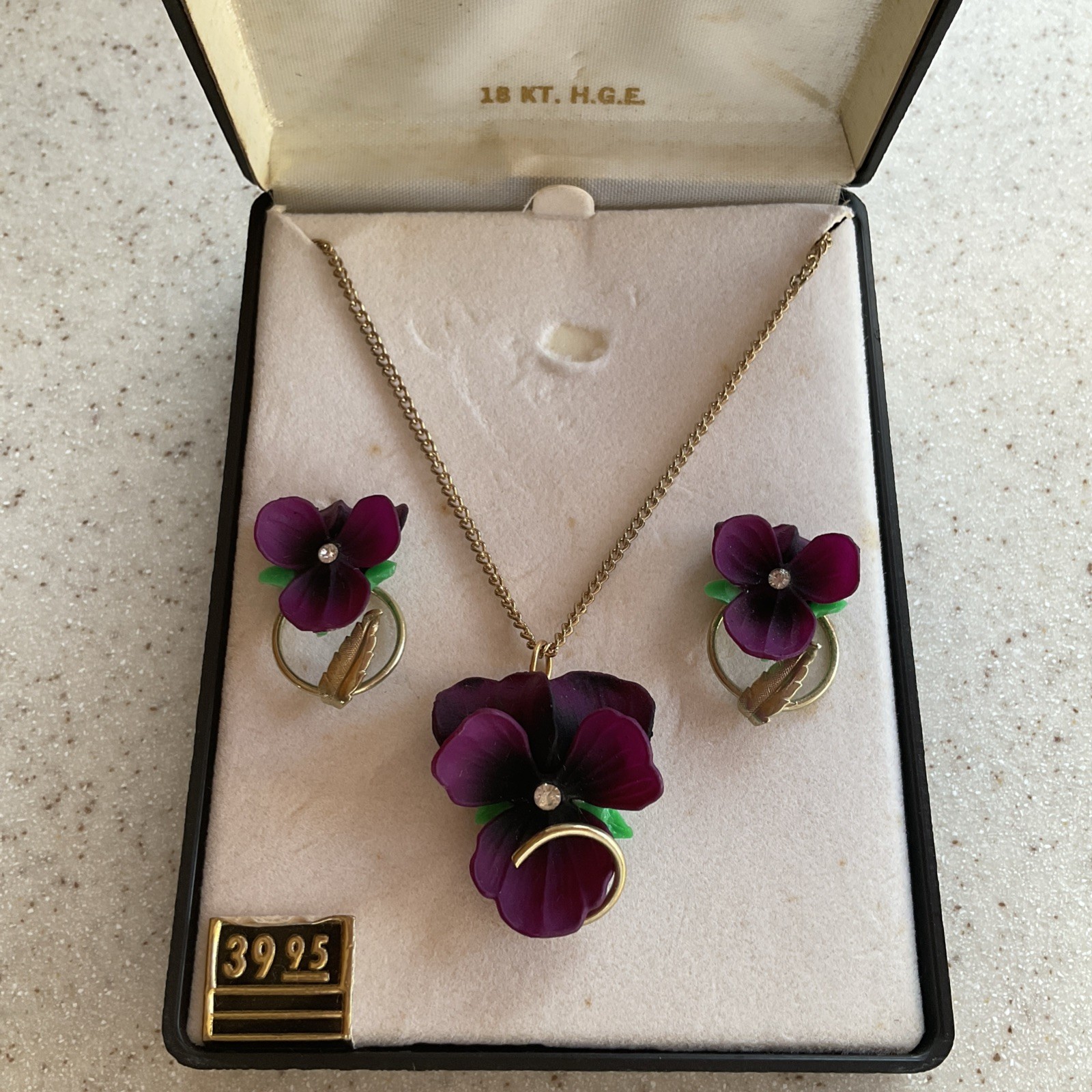 Vintage Necklace & Earrings Set Purple Pansy Flower New