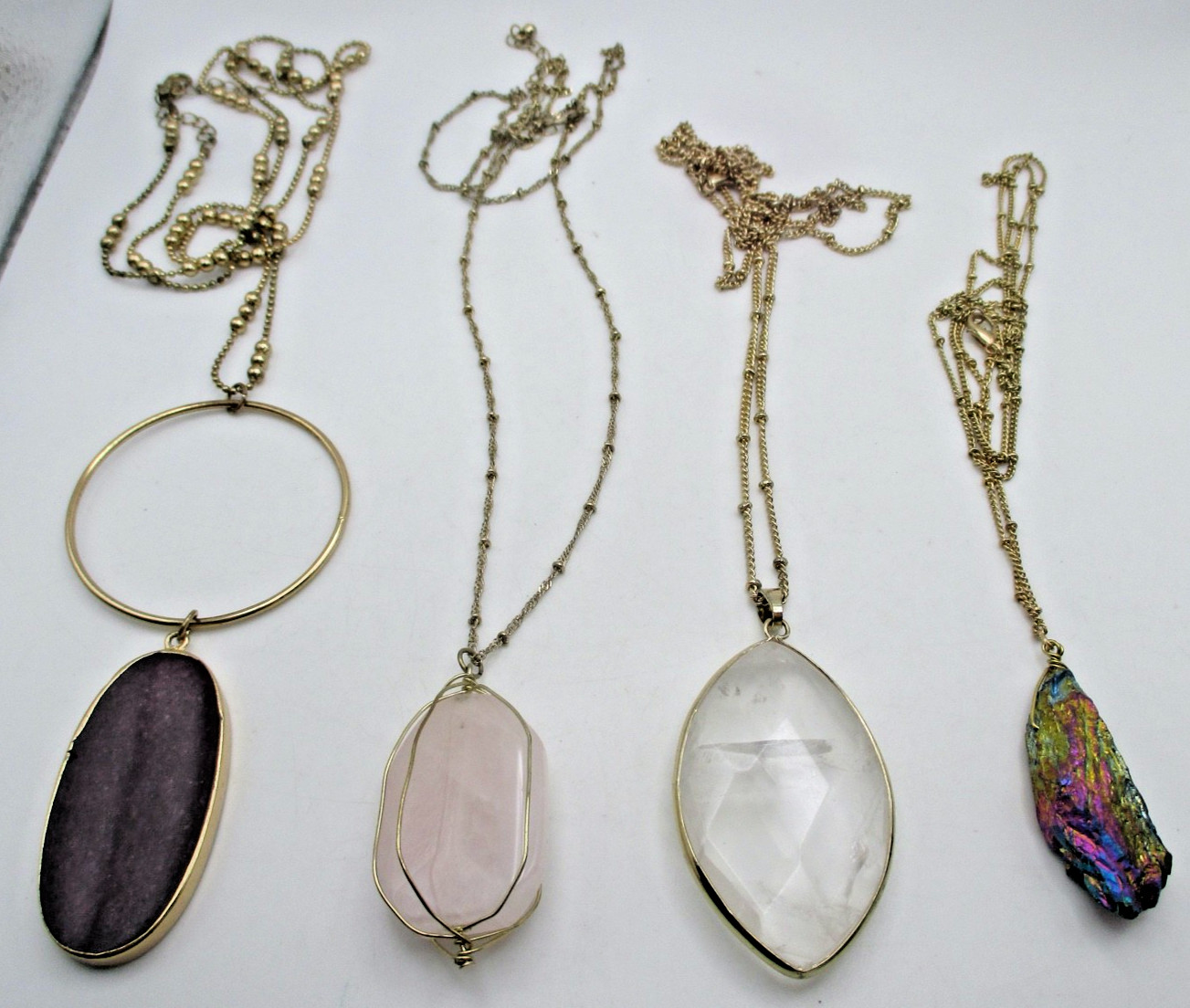 VTG Gemstone Pendant Necklace Lot Rainbow Rose Clear Quartz Purple Stone
