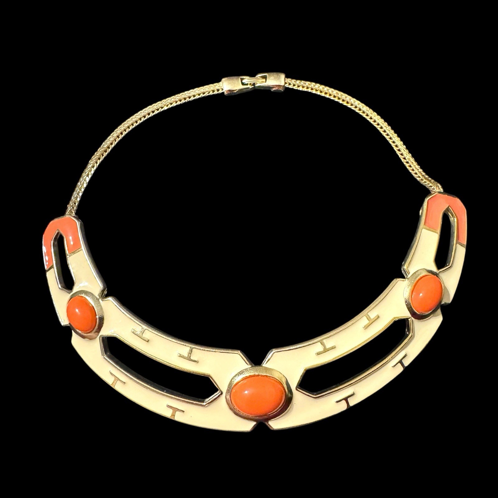 Vtg Collar Choker Necklace Orange Cabochon Gold Cream Enamel Chunky Statement