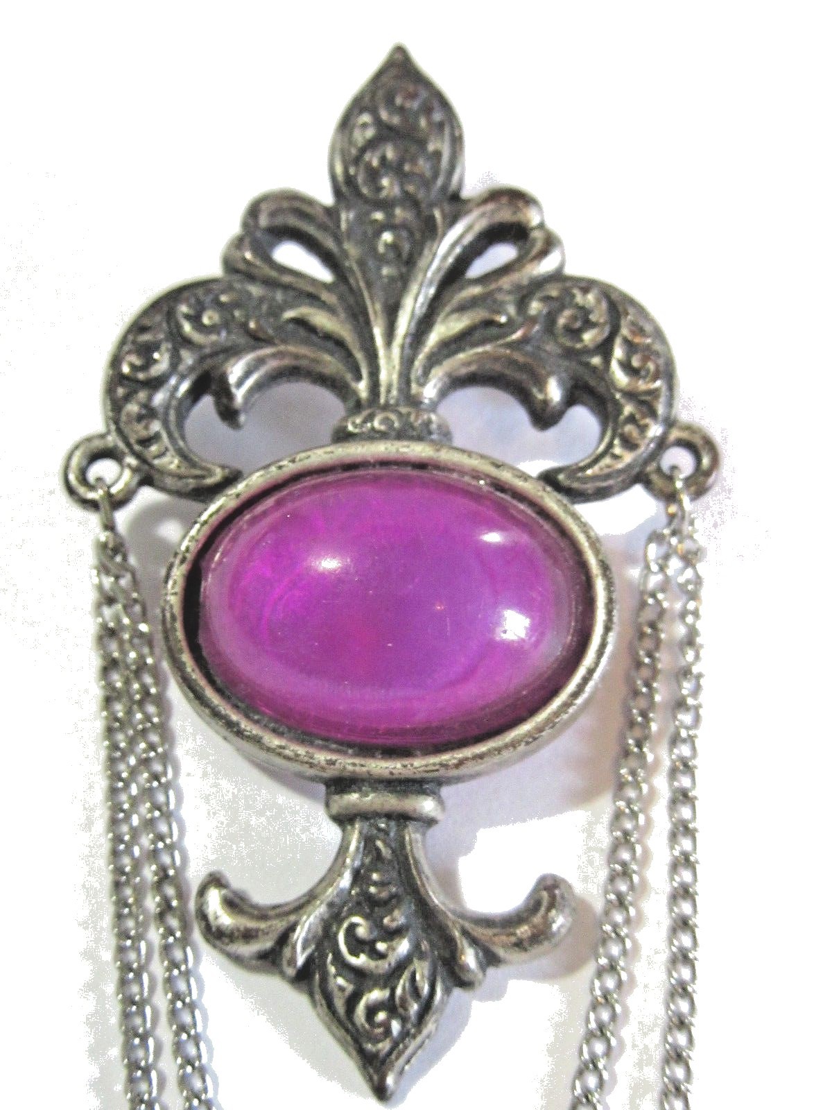 DARKENED SILVER TONE FLEUR DE LIS PURPLE STONE DANGLE CHAIN LAPEL PIN BERGERE