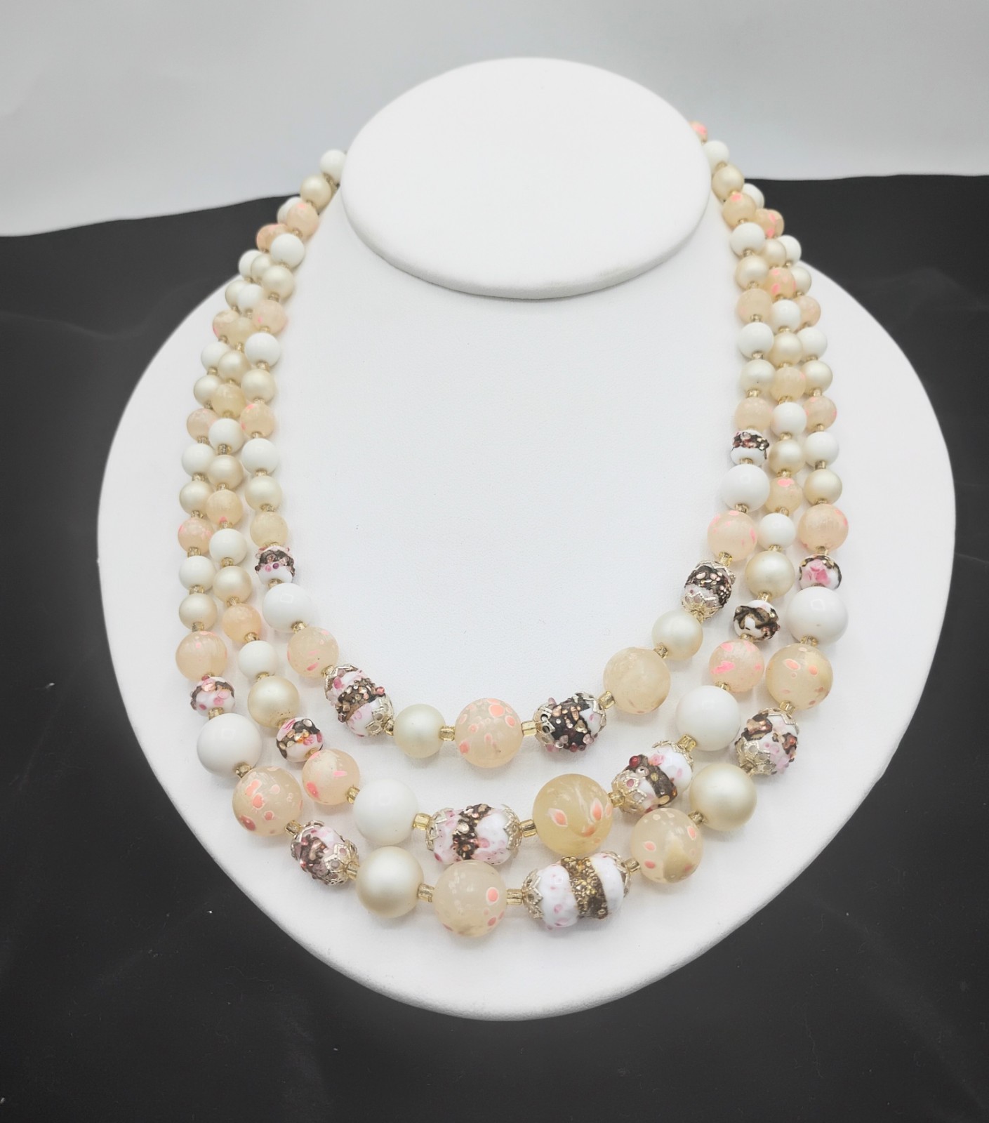 Vtg. Japan Necklace 3 Strand Pink,White Beads Sugar Textured, 16.5-18″FREE SHIP