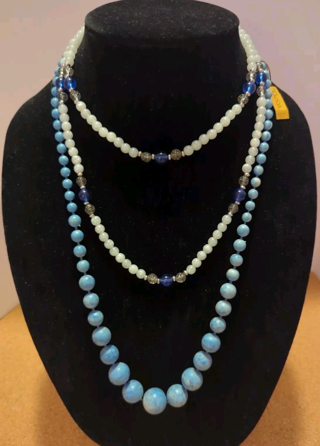 2 Vintage Beaded Necklaces Tacoa NWT Graduated Blue & Monet Plastic White & Blue