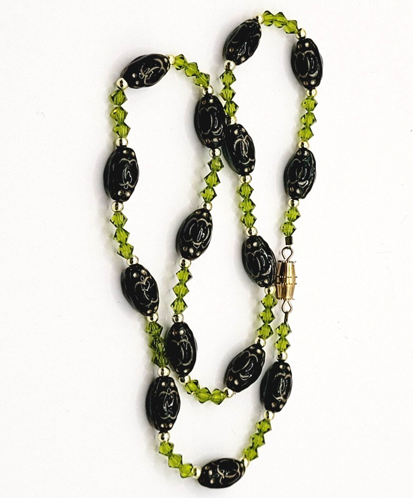 Green Art Glass Crystal Vintage Necklace Light & Dark Green Shades Gilded Beads