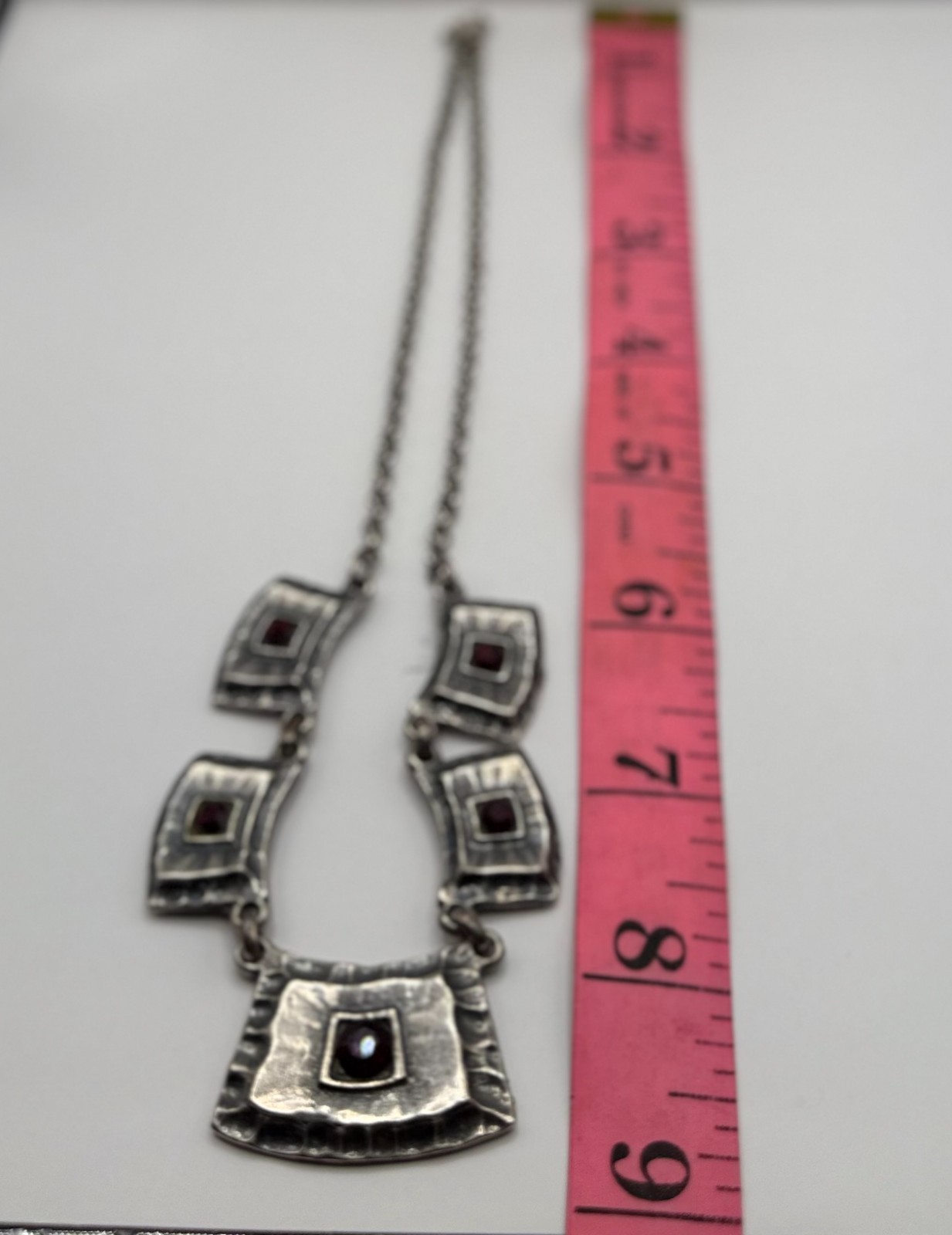 Vintage Silver Tone Statement Necklace Red Stone Geometric Art Deco Style