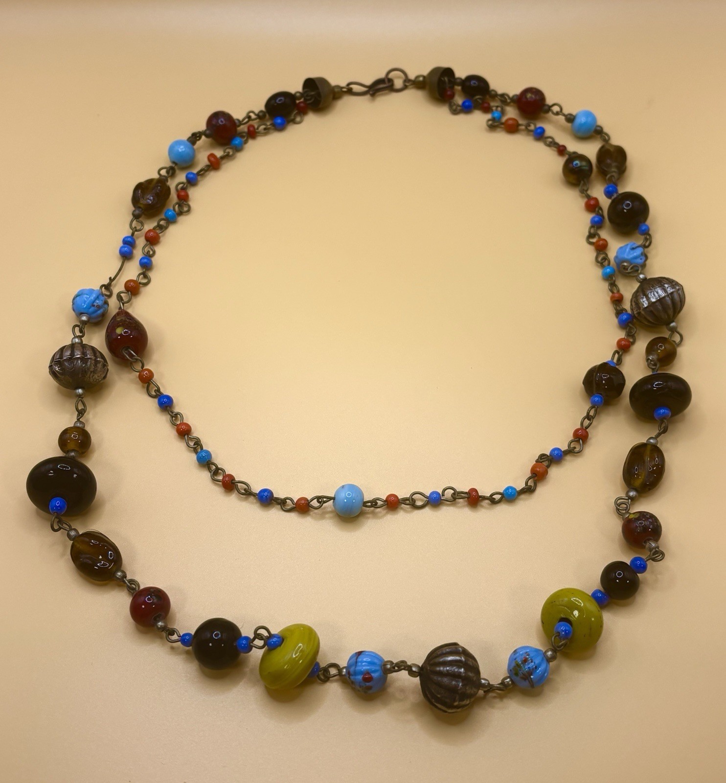 Czech Style Art Glass Necklace Double Strand Boho Lampwork Beaded Blue Yellow