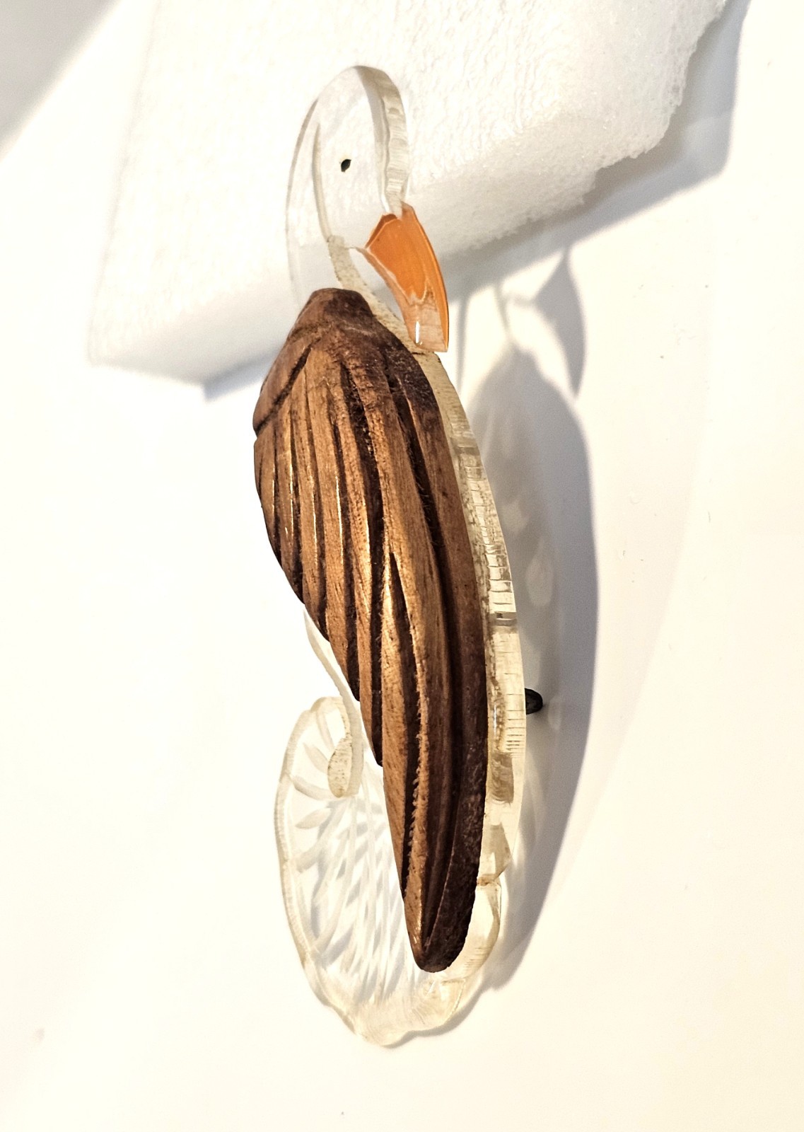 Vintage lucite and wood brooch bird stork
