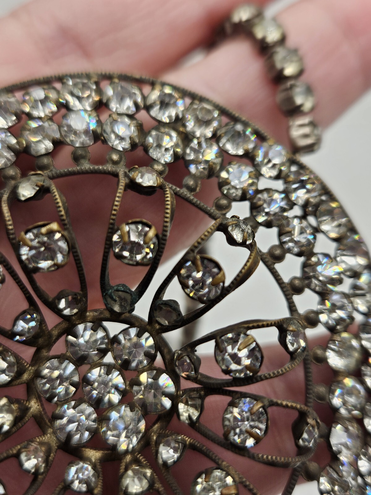 As Is Vintage Silver Tone Clear Rhinestones Ornate Pendant Collar Necklace