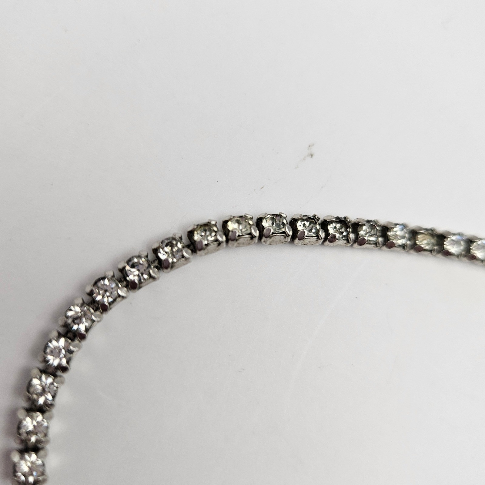 Vintage Silver Tone Blue Teardrop Rhinestone Bib Necklace 15 Inch Mid Century