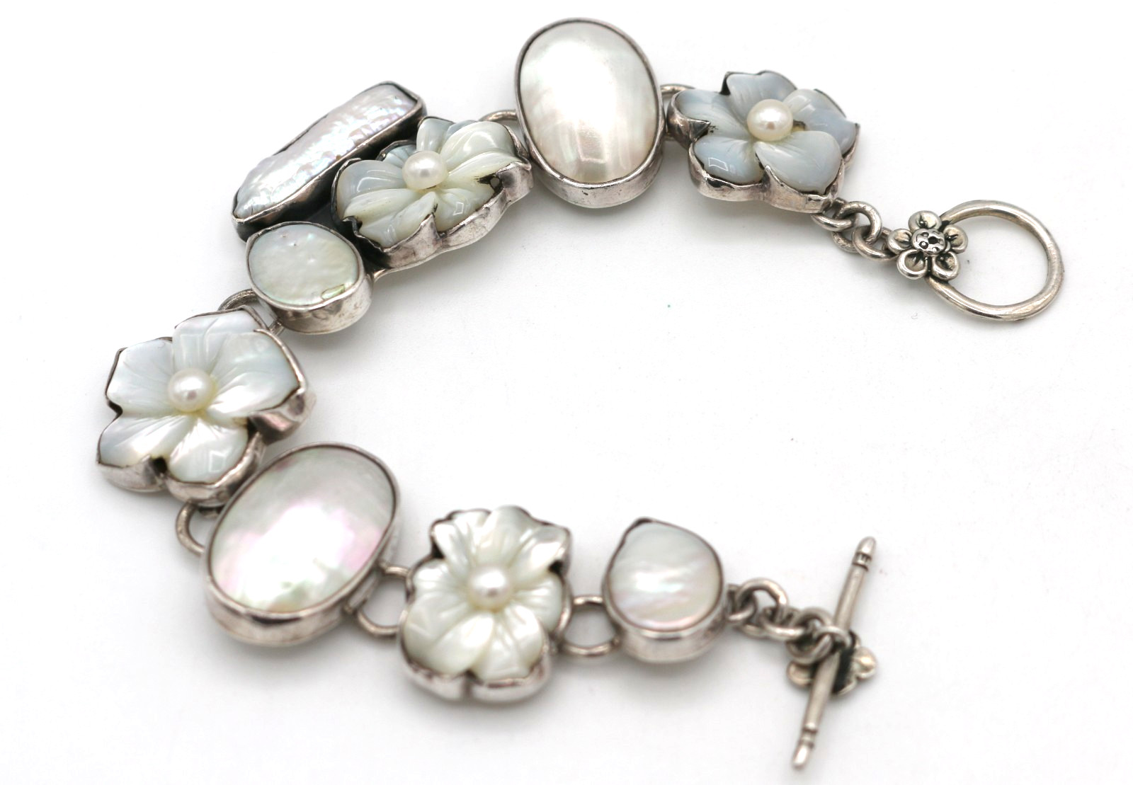 AKR Amy Kahn Russell Sterling Silver 925 Carved MOP Flowers Bracelet 7.5”