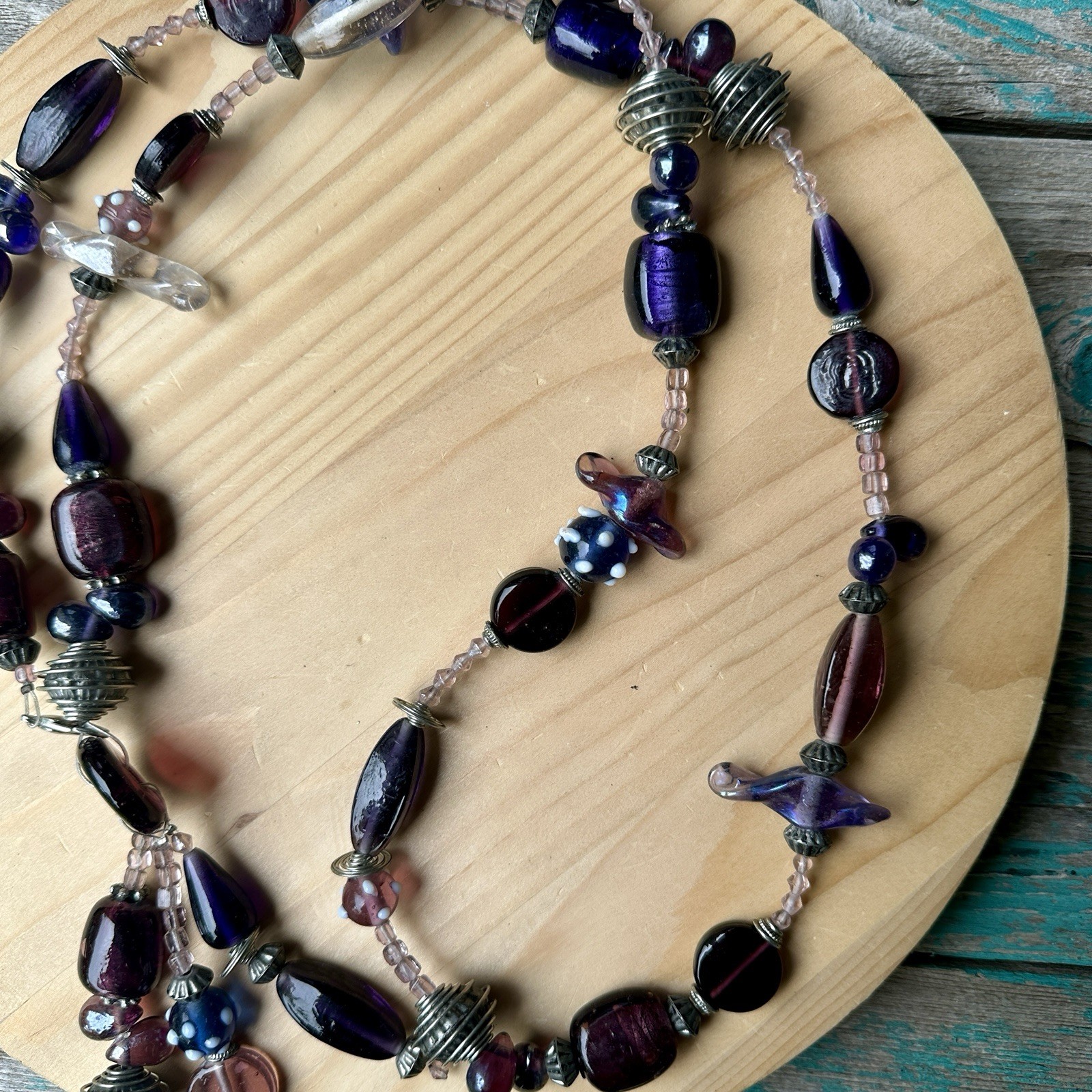 VTG Artisan Beaded Necklace 41 Inch Metal Art Glass Statement Tassel Multicolor
