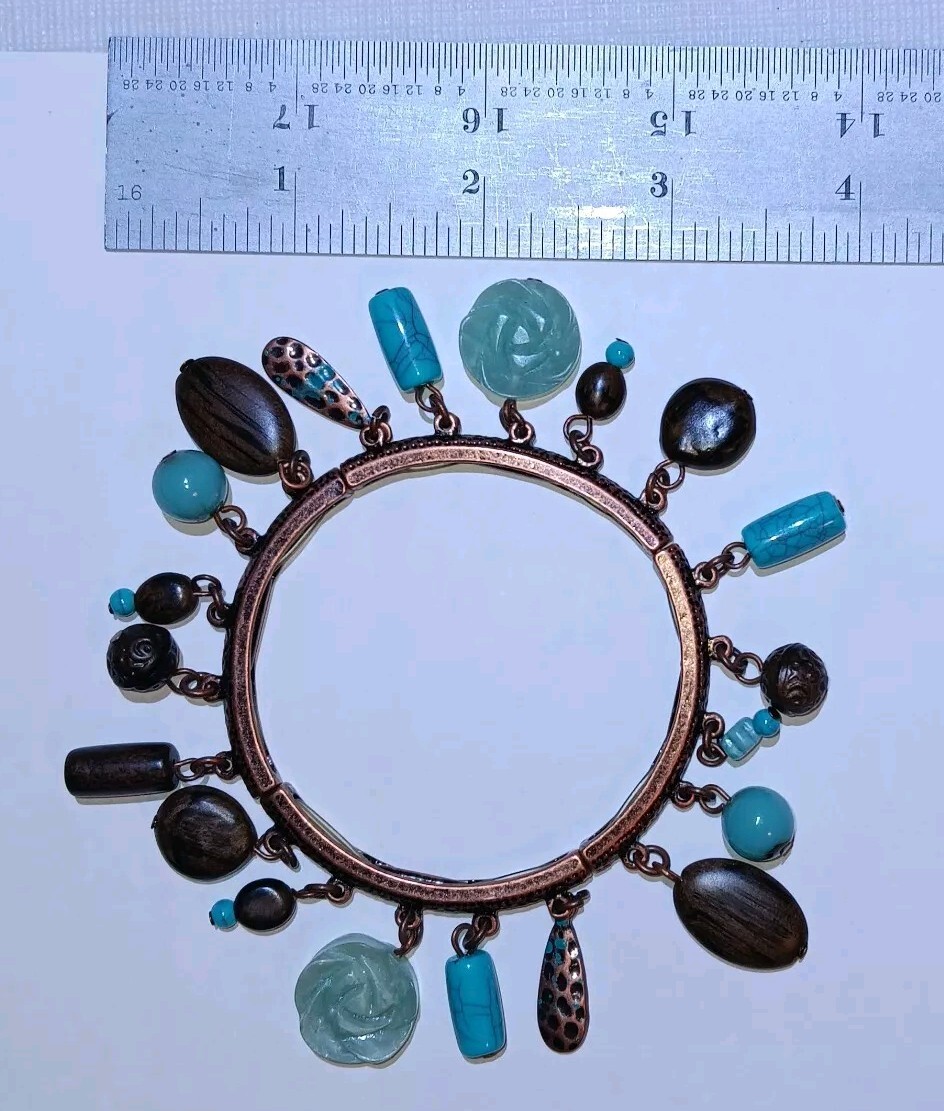 VTG Strechable Bracelet Gold Tone W/wood And Turquois Beads 1960s Dangling