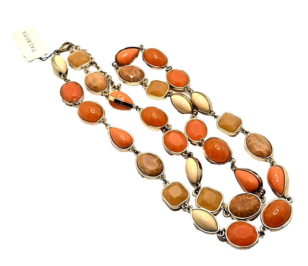 NWT TALBOTS Statement Necklace Peach Orange Tan Gold Tone Links 36-38″ Long NOS