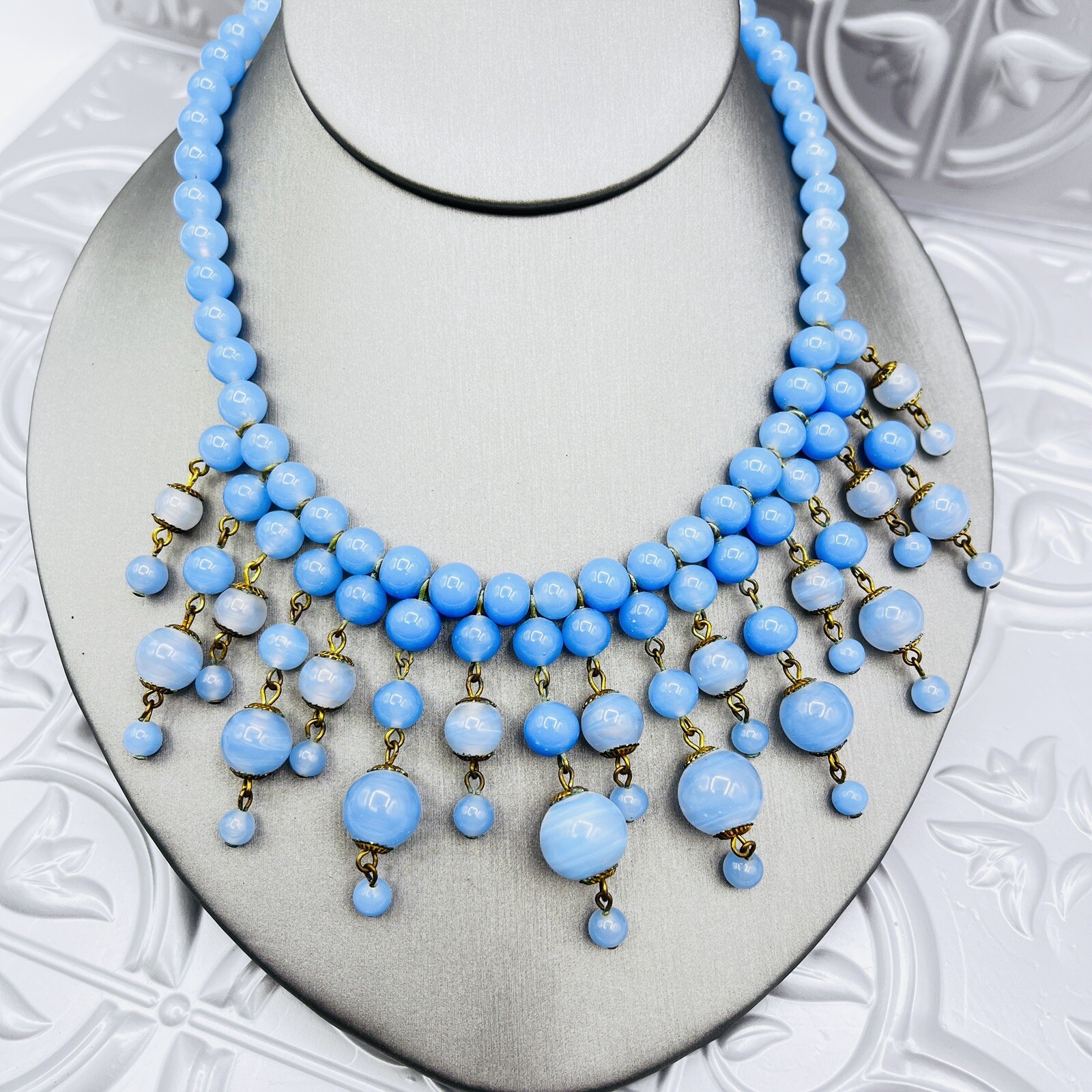 Vintage Periwinkle Blue Czech Glass Beaded Fringe Bib Necklace 16″