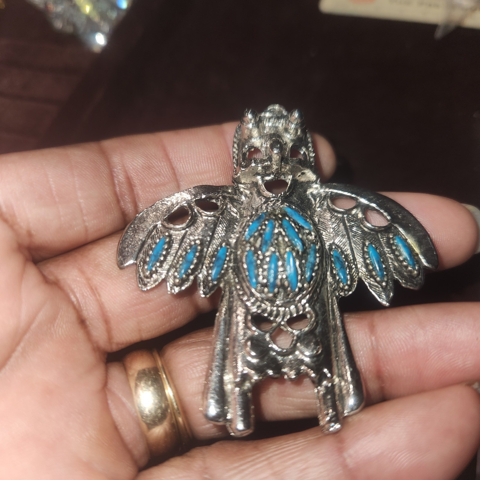 Vintage Native American Style Thunderbird Pendant Silver Tone stone Inlay Bird