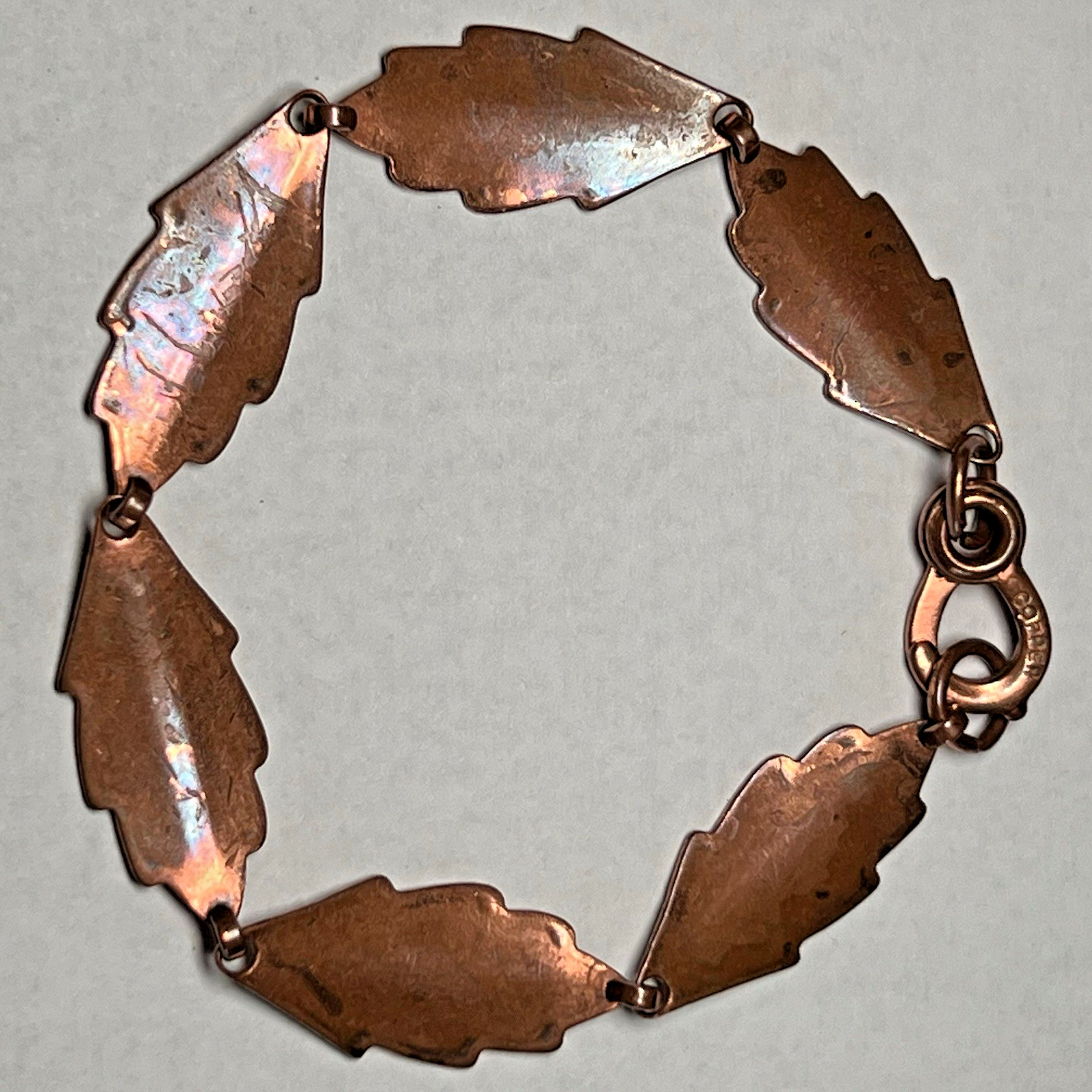 Beautiful Vintage Copper Leaf Link Panel Sister Hook Clasp Bracelet