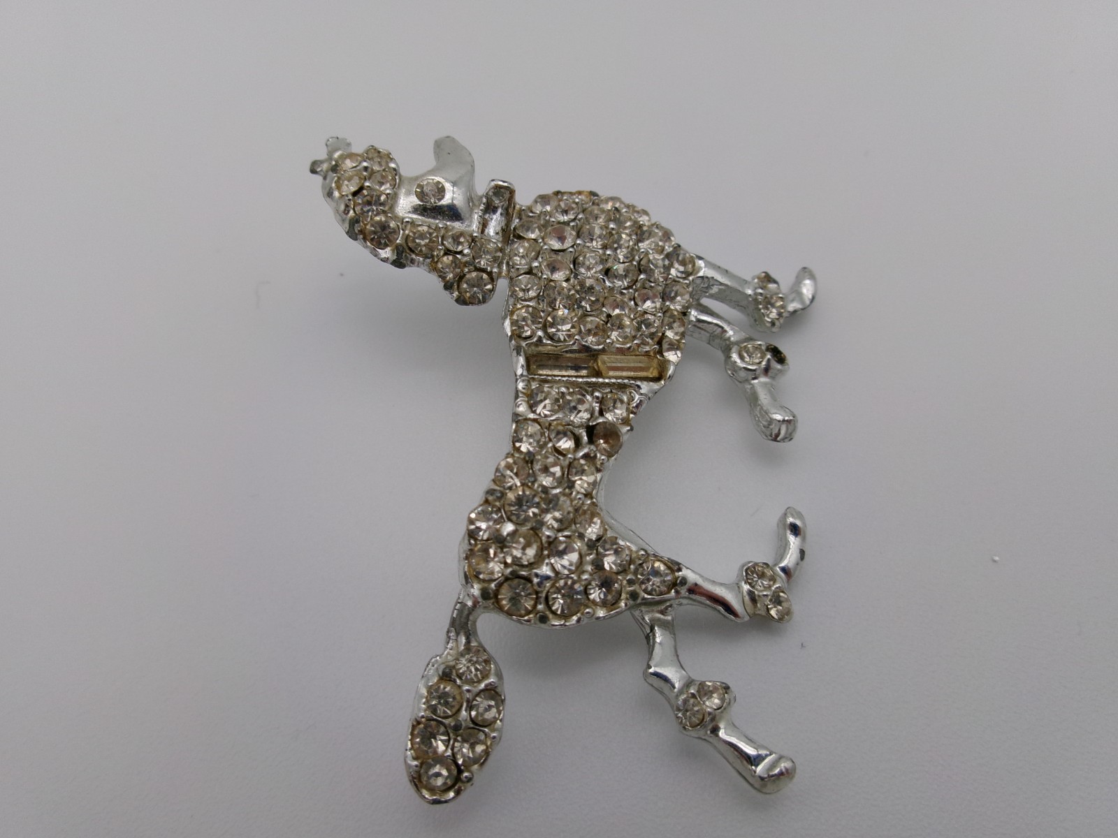 Vintage Poodle Dog Brooch Pin Mid Century Modern Rhinestones SIlvertone Unsigned