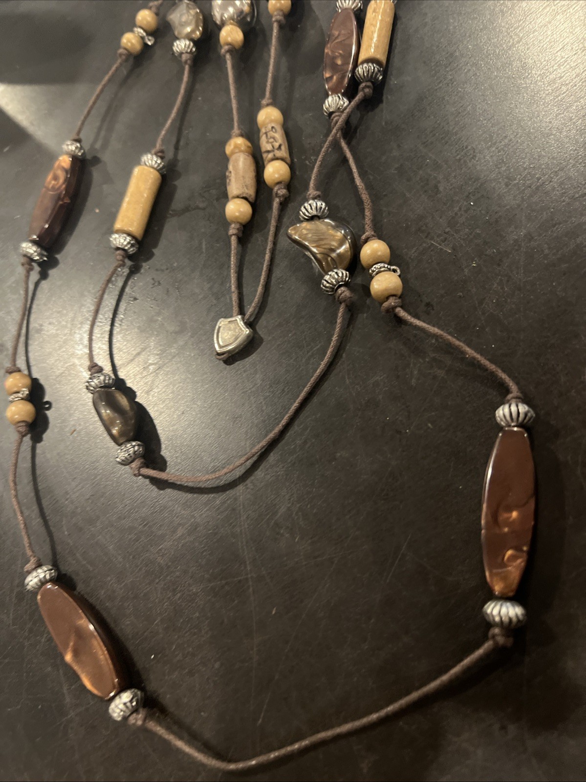 VTG Beaded statement necklace wood silver shell-like beads cord & bracelet Y2K