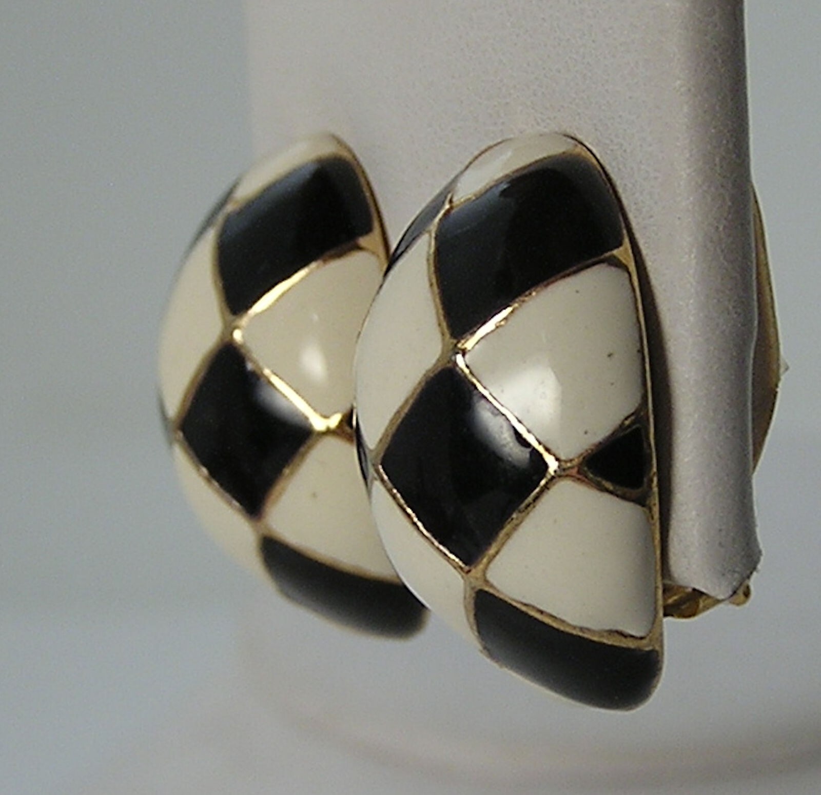 Vintage Gold Tone Gay Boyer Black-White Checkerboard Enamel Domed Oval Earrings