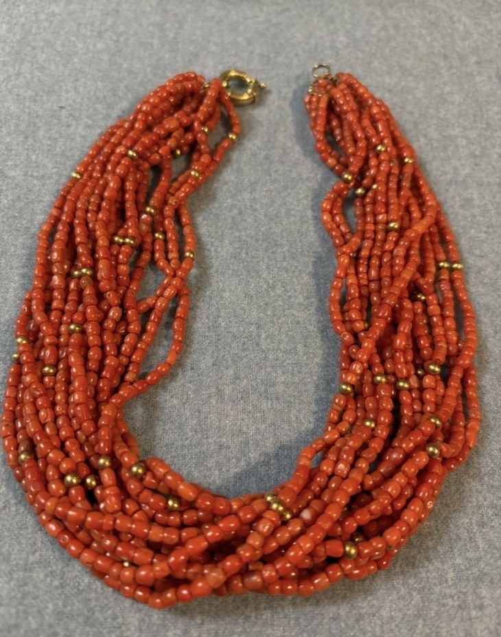 Vintage 18k Gold Multi Strand Coral Necklace Statement Chunky European 17”