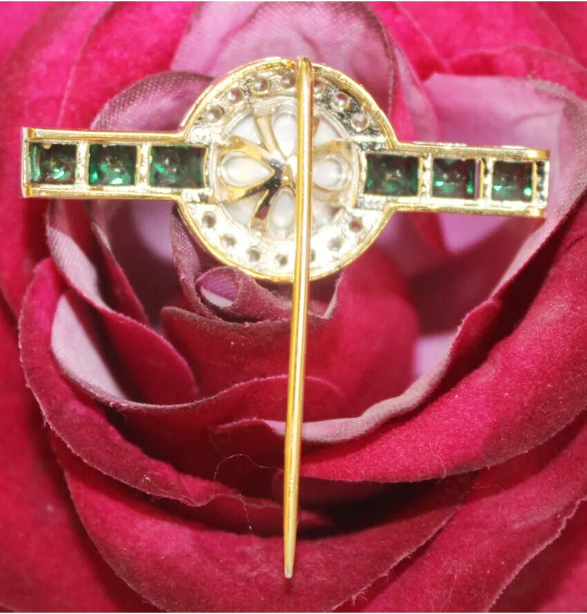0.85ct Rose Cut Diamond 925 Silver Emerald Pearl Anniversary Wedding Stick Pin