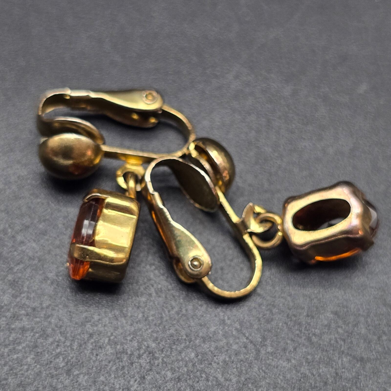 Vintage Yellow Orange Rhinestone Clip On Earrings Dangle Drop Charm